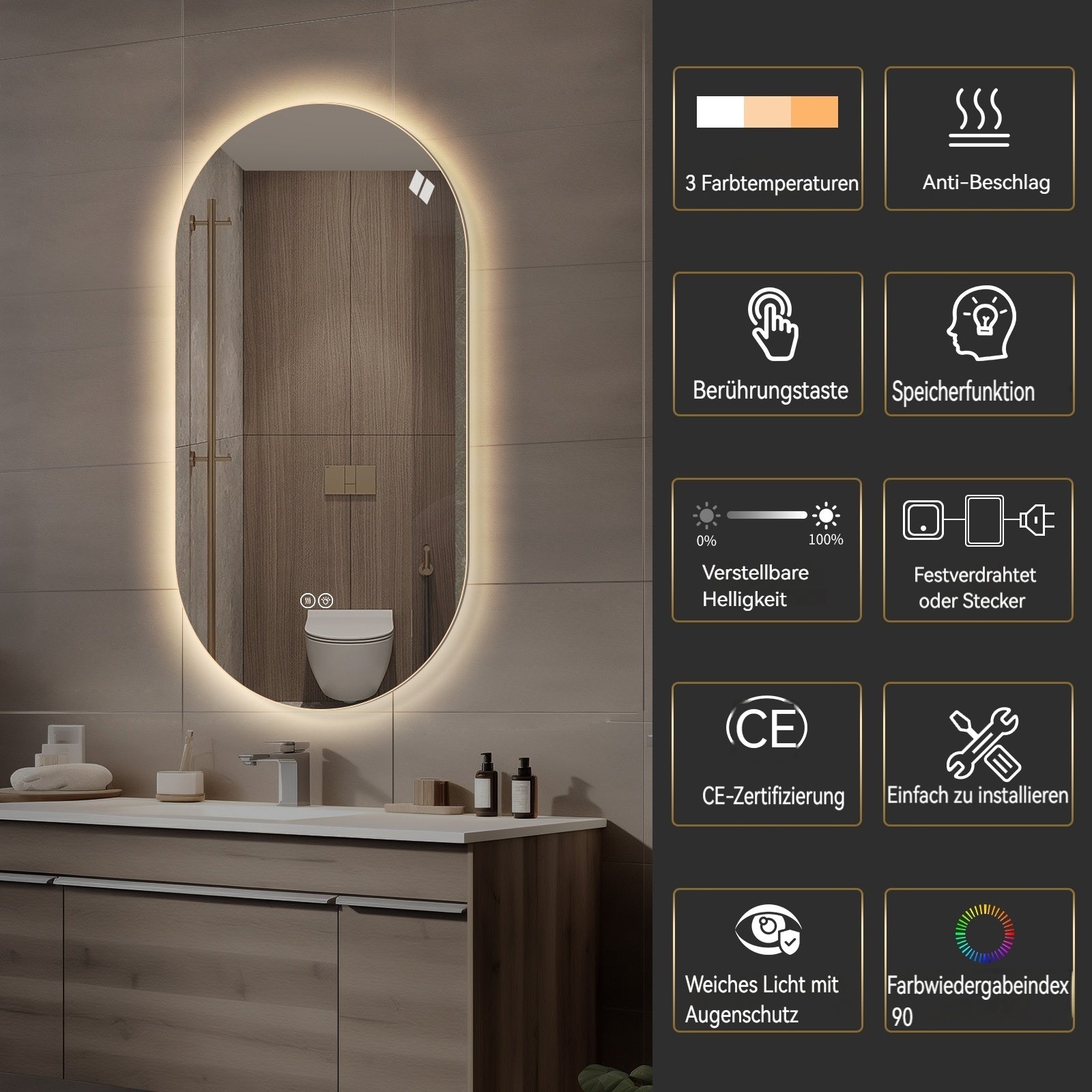 LED Badezimmerspiegel mit Touch-Funktion und Anti-Beschlag