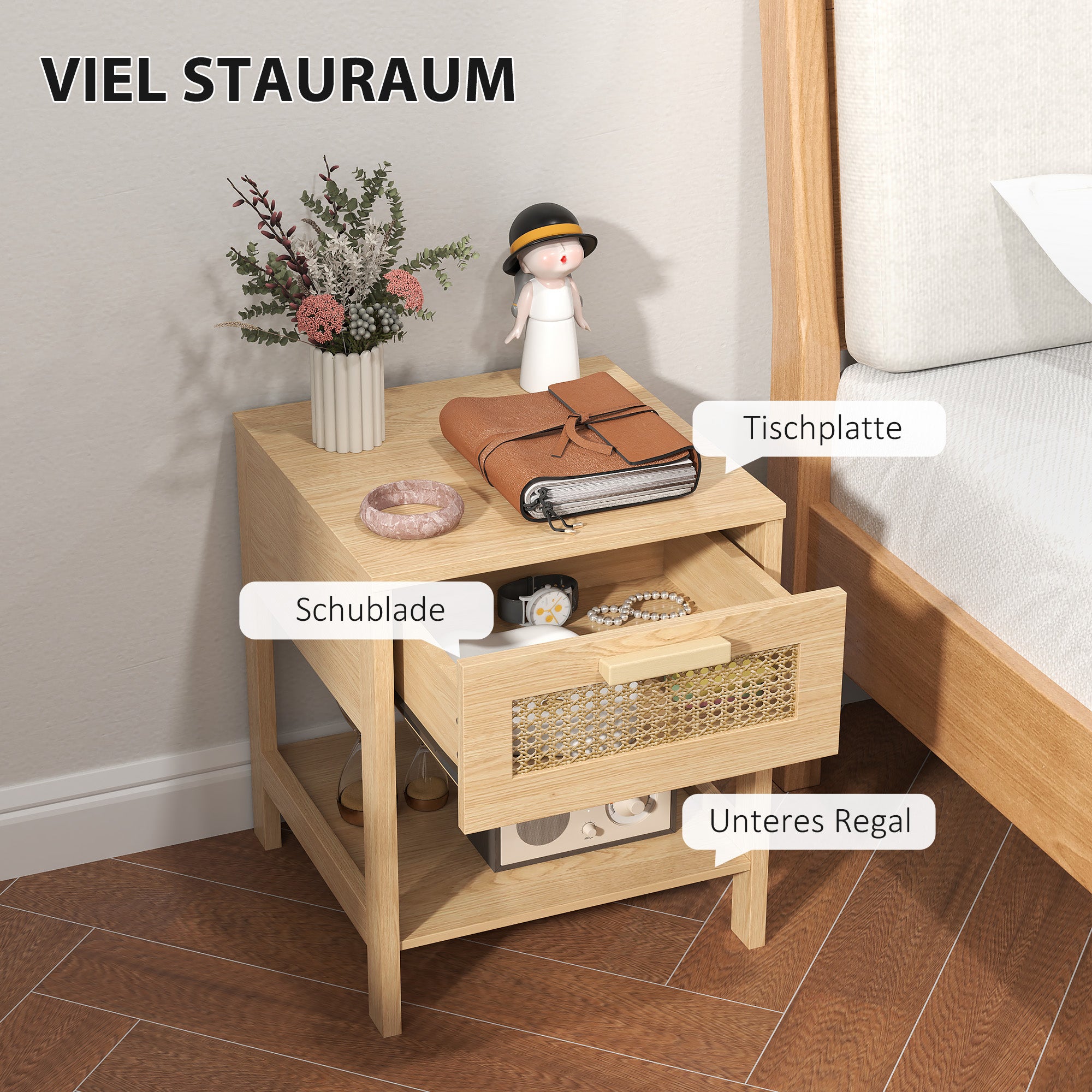 Nachttisch mit Rattan-Schublade und Ablage