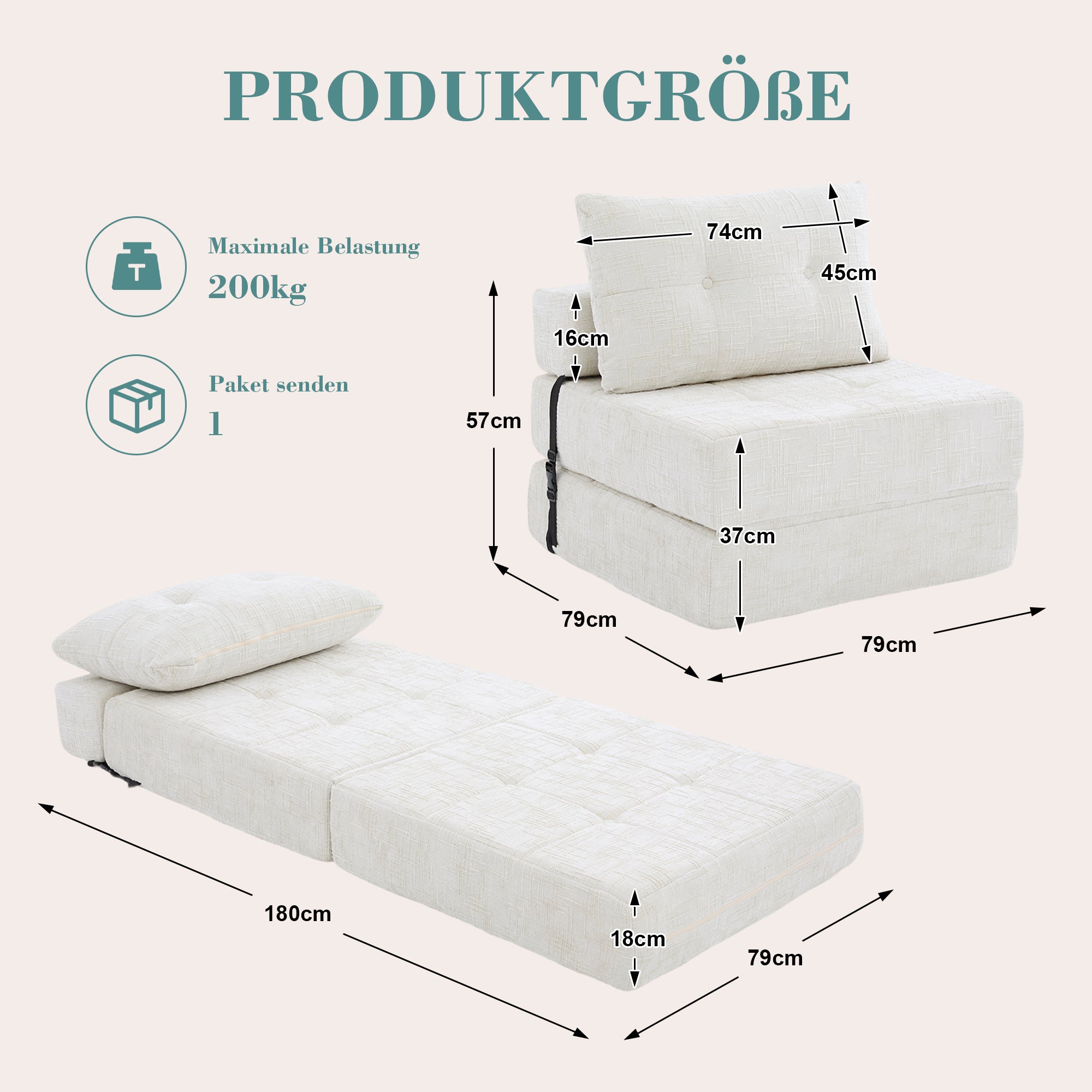 Klappbares Schlafsofa in Beige – Multifunktionales Bodensofa mit Kissen