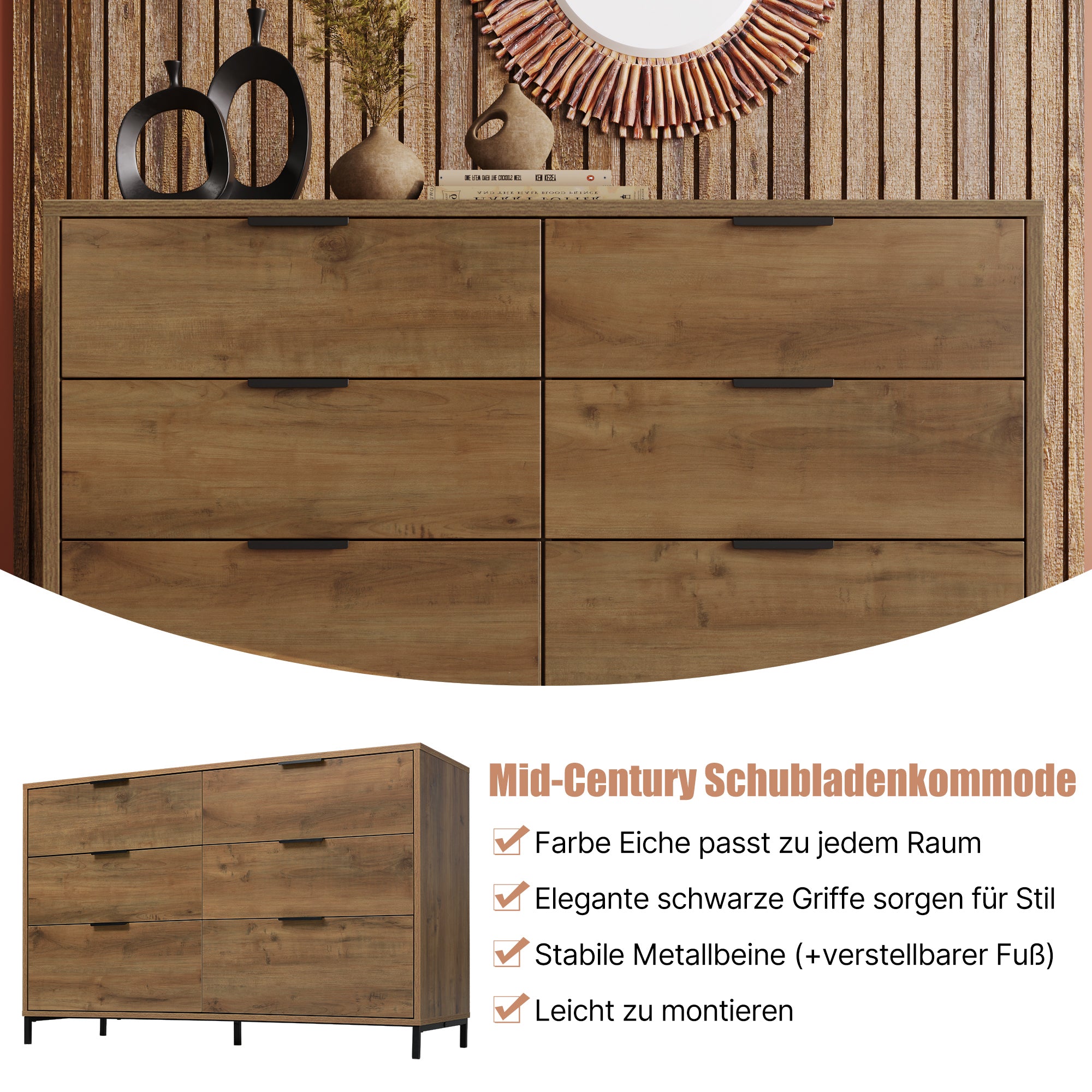 Kommode mit 6 Schubladen – Industrial Design in Dunkler Eiche