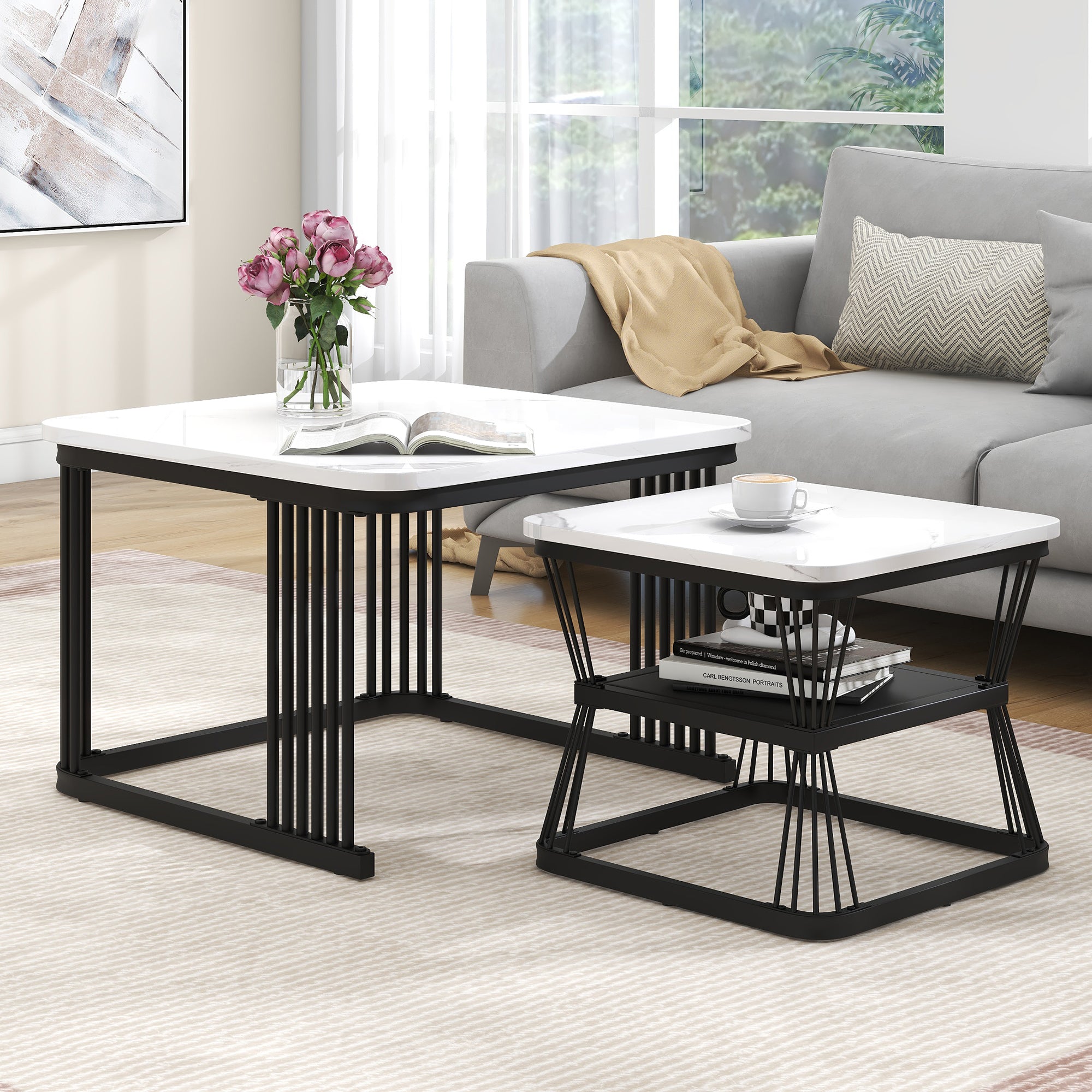 2er-Set moderne Couchtische in Marmoroptik