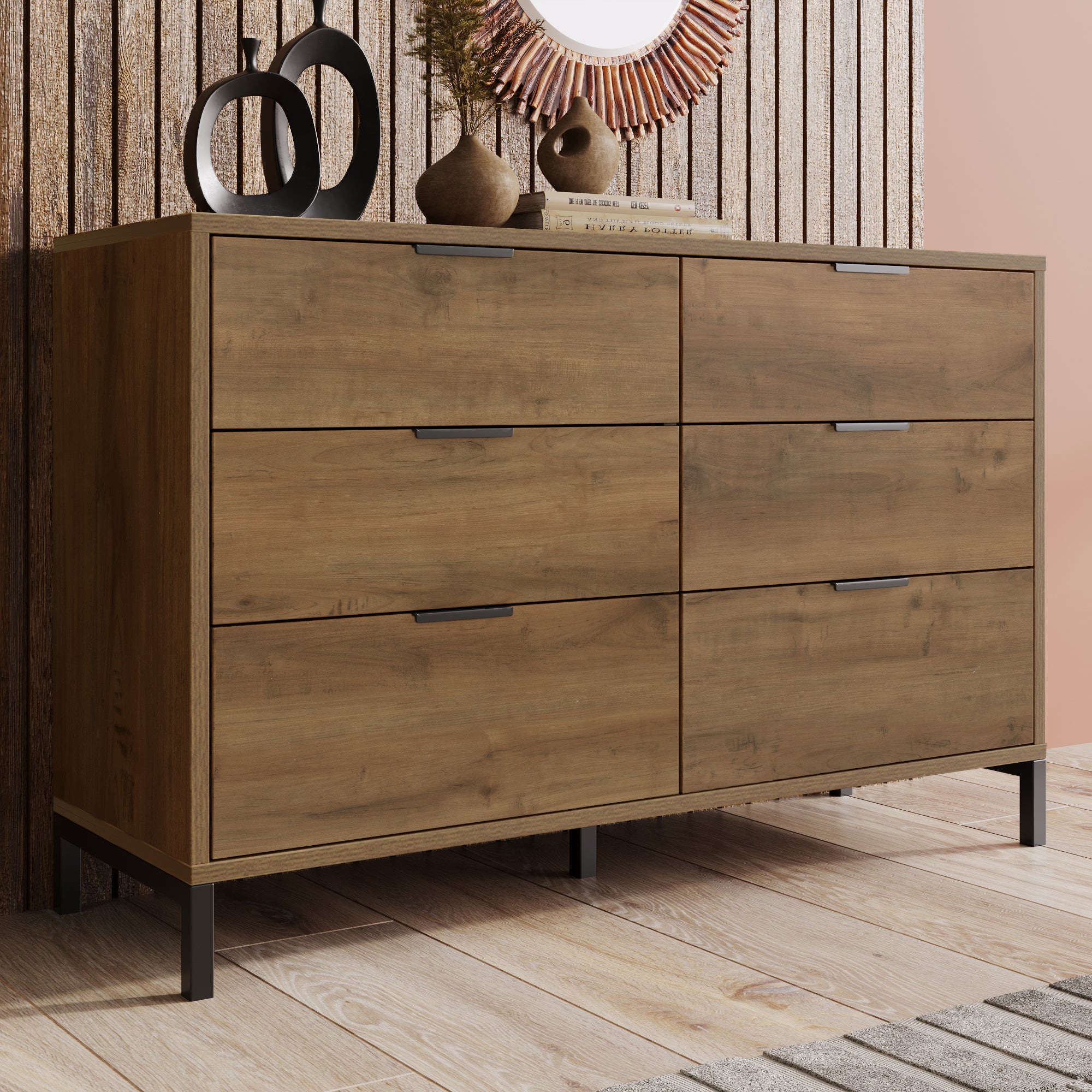 Kommode mit 6 Schubladen – Industrial Design in Dunkler Eiche