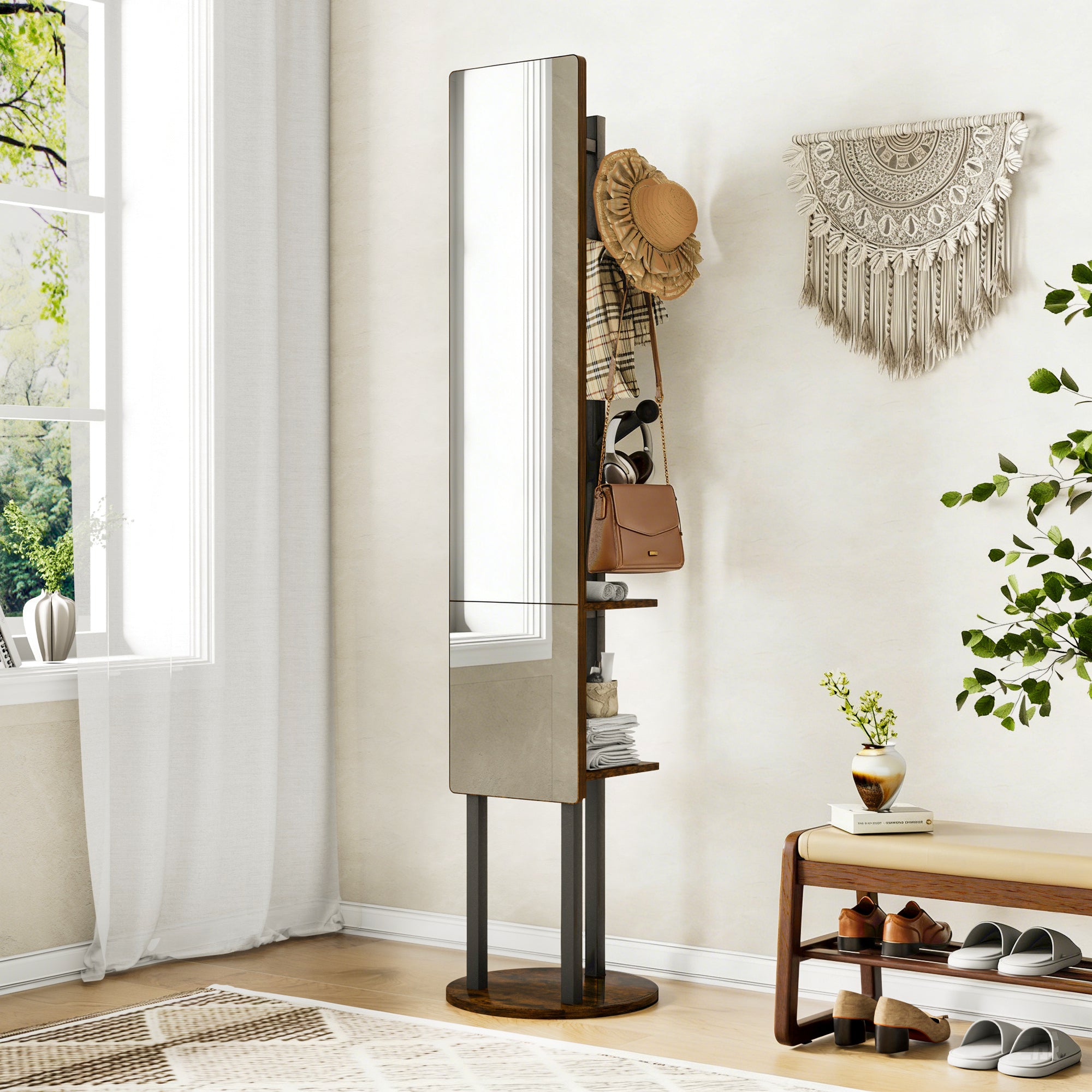 360° Drehbare Garderobe mit Ganzkörperspiegel