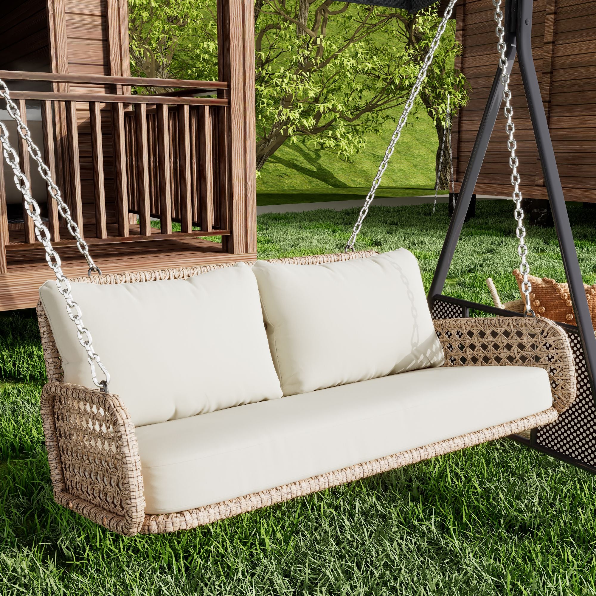 PE-Rattan Hängeschaukel für 2 Personen – Gartenschaukel mit Kissen und stabiler Kettenaufhängung