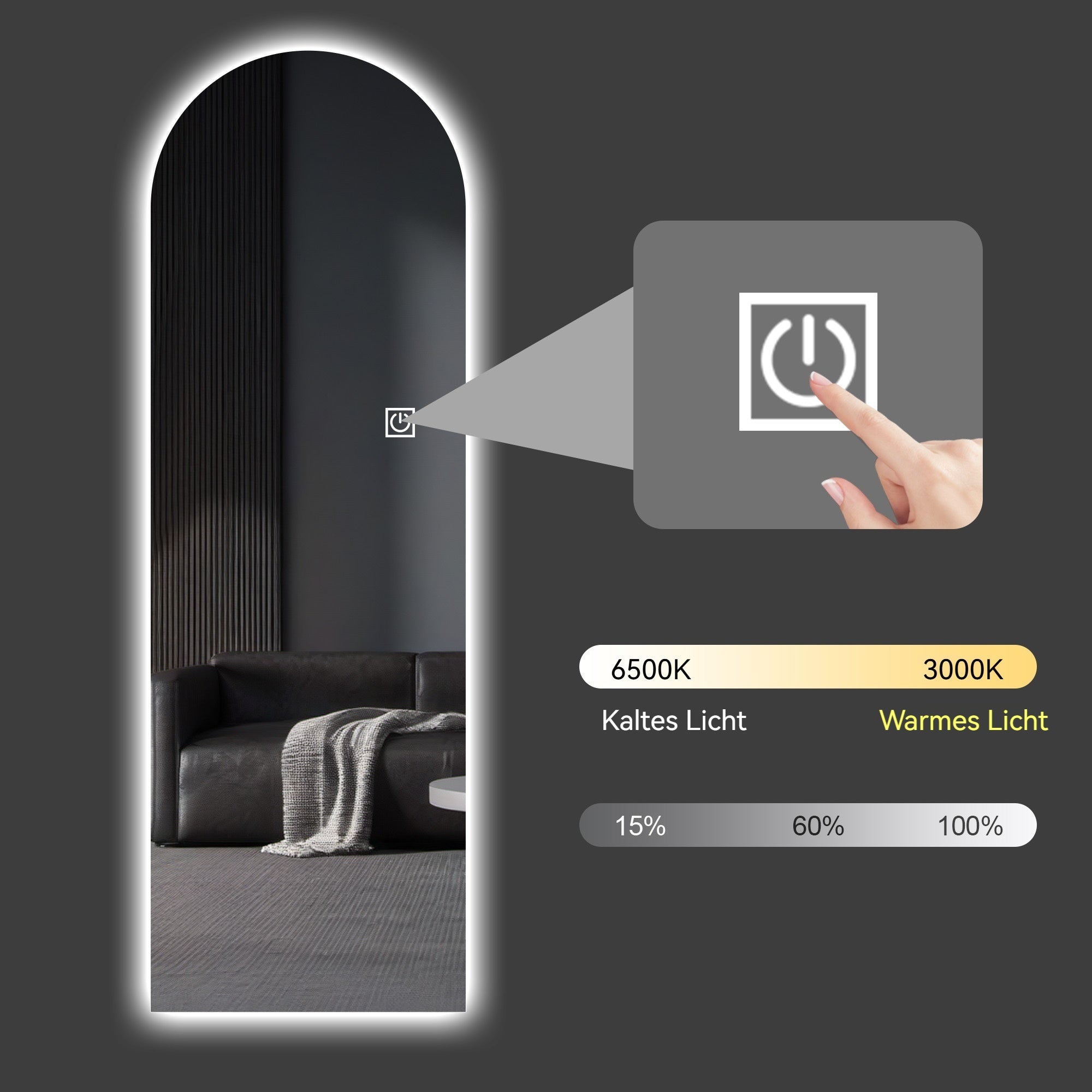 LED Ganzkörperspiegel mit Bogenform und Touch-Funktion