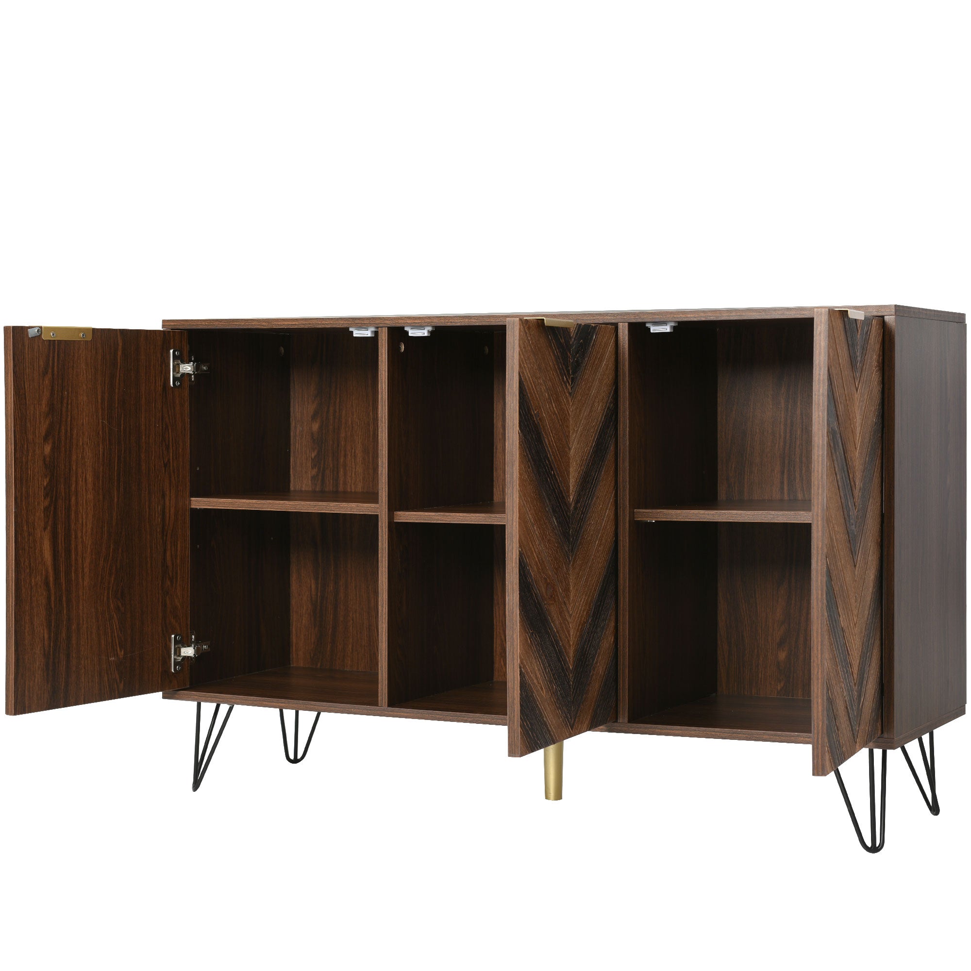Exklusives Sideboard mit Chevron-Holzdesign und goldenen Details