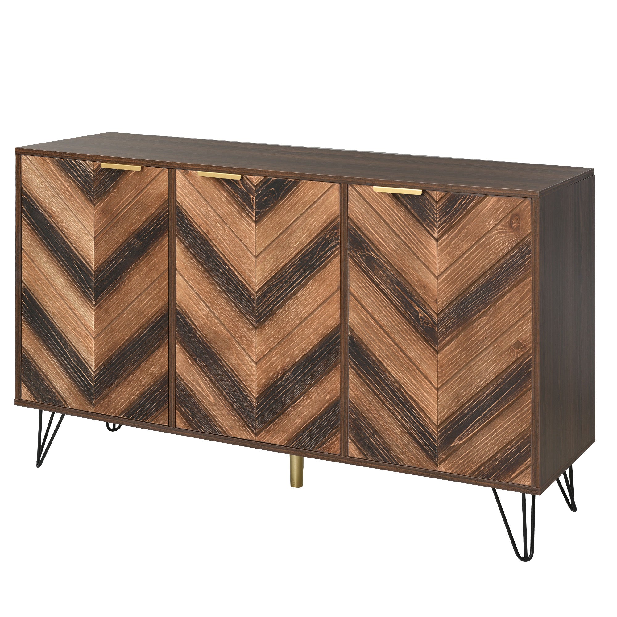 Exklusives Sideboard mit Chevron-Holzdesign und goldenen Details