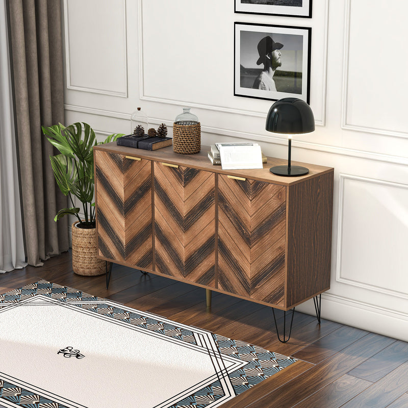 Exklusives Sideboard mit Chevron-Holzdesign und goldenen Details