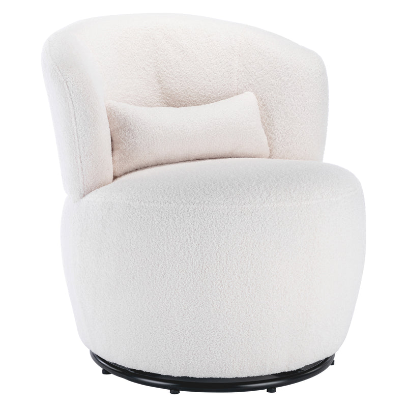 Weißer Teddy Plüsch-Drehsessel mit Lendenkissen – gemütlicher Lounge-Sessel mit 360° Drehfunktion