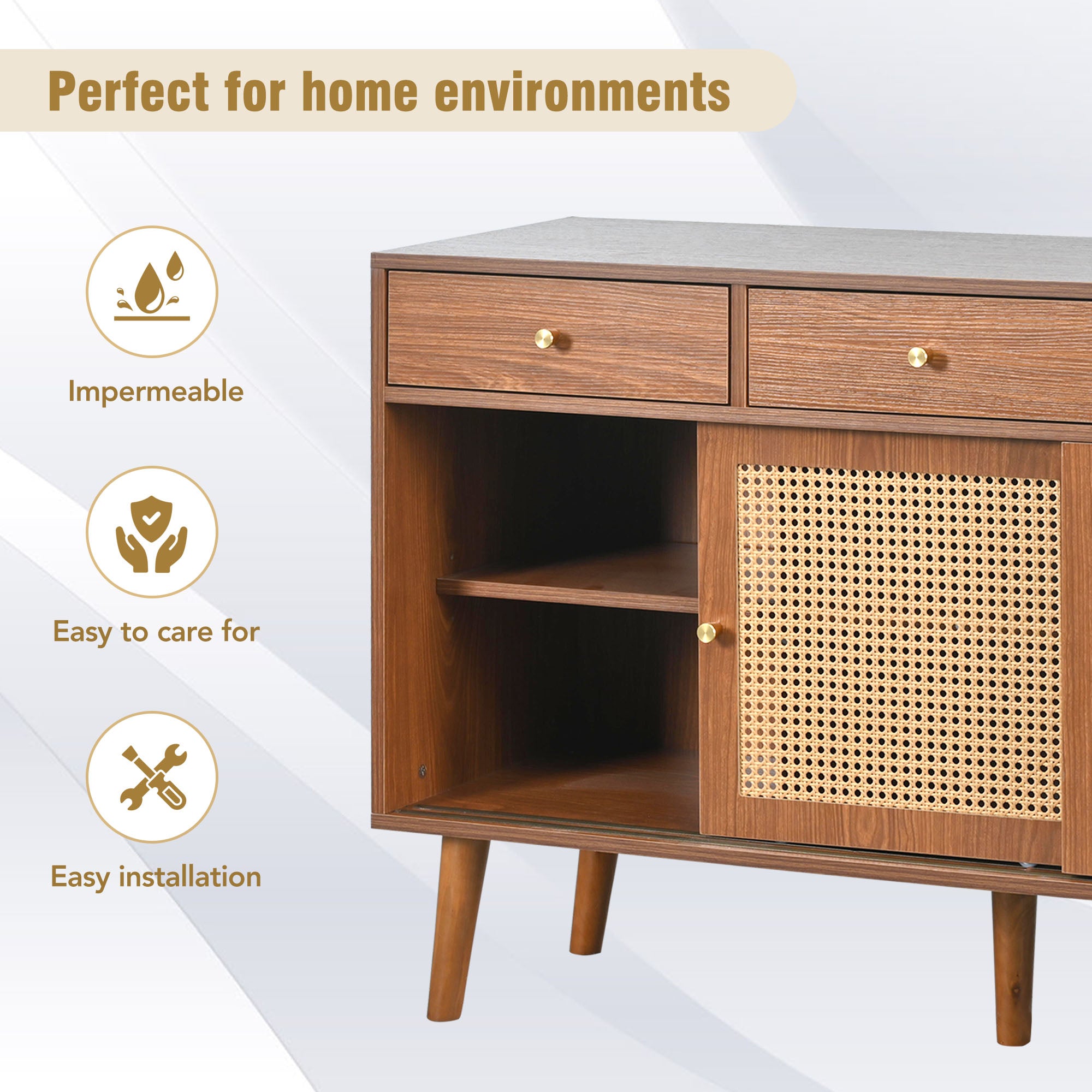 Retro Walnut Rattan Sideboard Cabinet