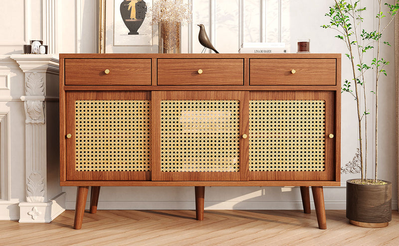 Retro Walnut Rattan Sideboard Cabinet