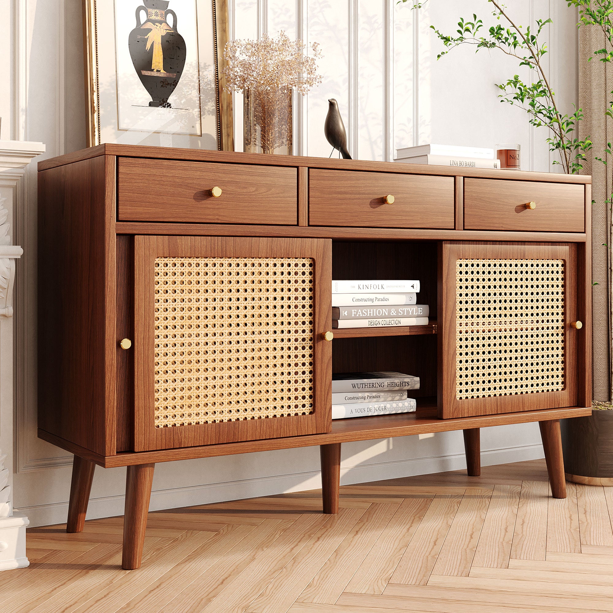 Retro Walnut Rattan Sideboard Cabinet