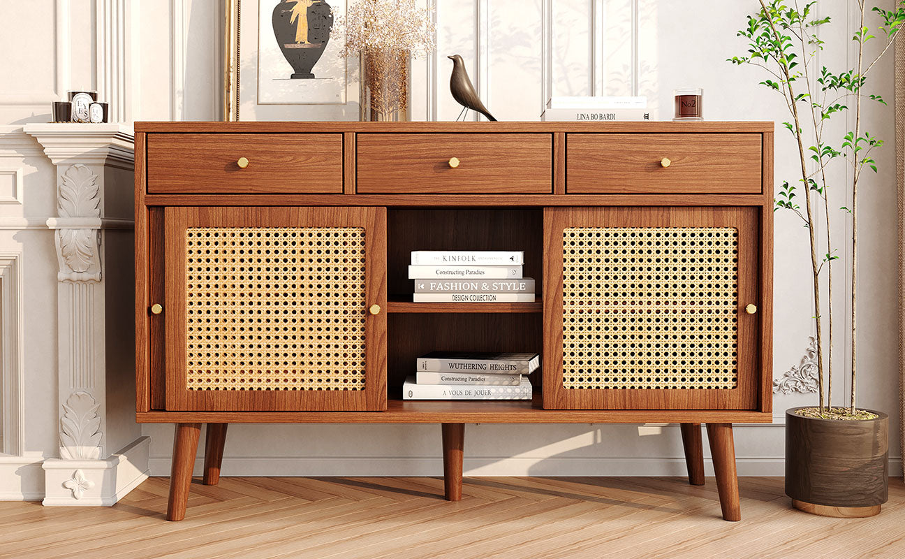 Retro Walnut Rattan Sideboard Cabinet