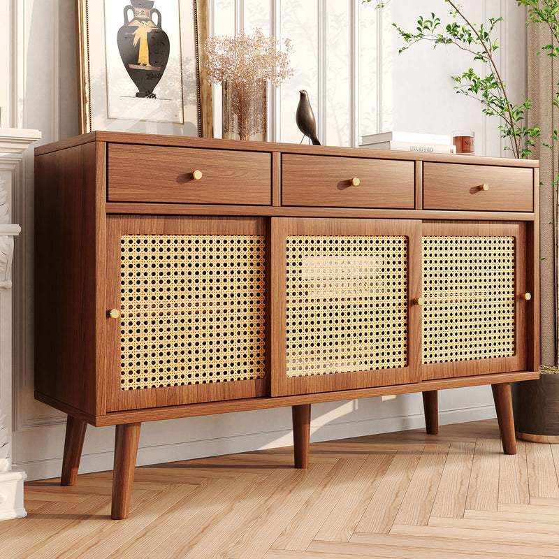 Retro Walnut Rattan Sideboard Cabinet