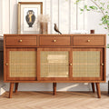 Retro Walnut Rattan Sideboard Cabinet
