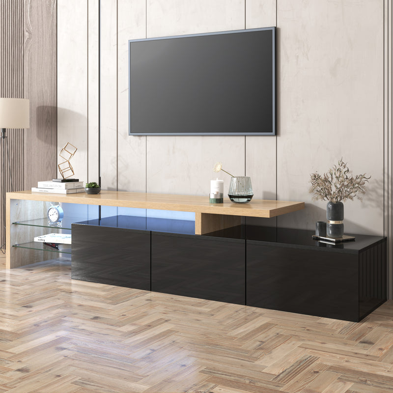 Moderner TV-Schrank mit Glasböden und LED-Beleuchtung