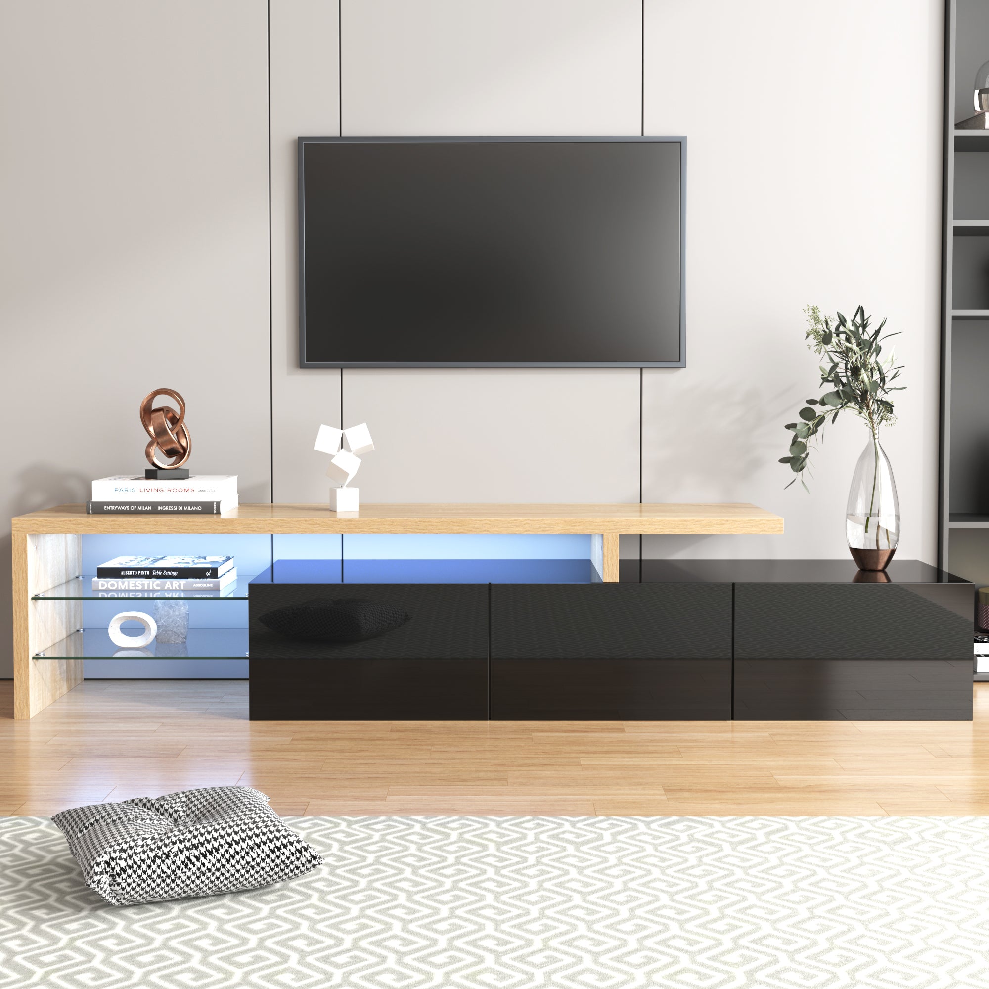 Moderner TV-Schrank mit Glasböden und LED-Beleuchtung