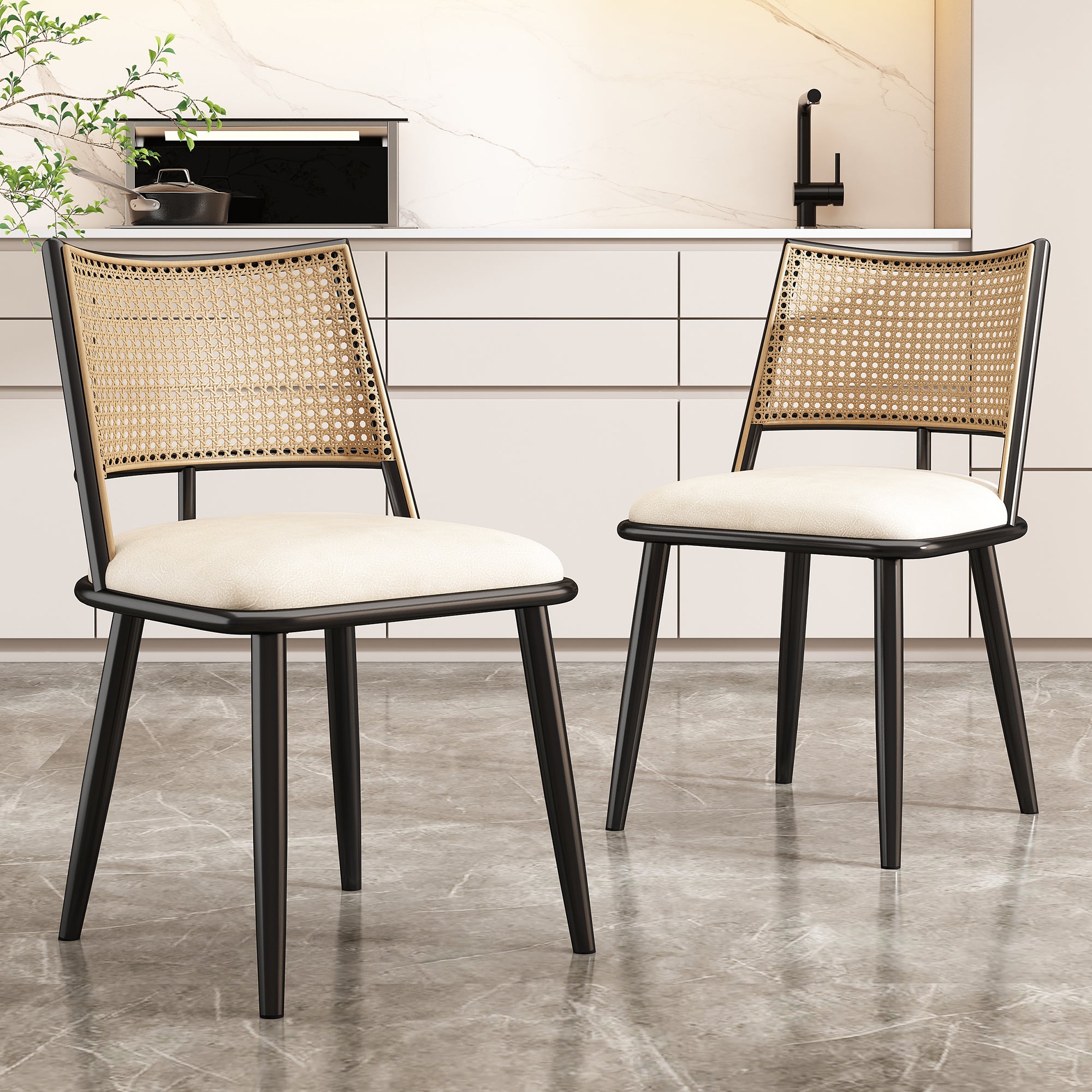 Esszimmerstuhl Set mit Rattan Rückenlehne und gepolstertem Sitz