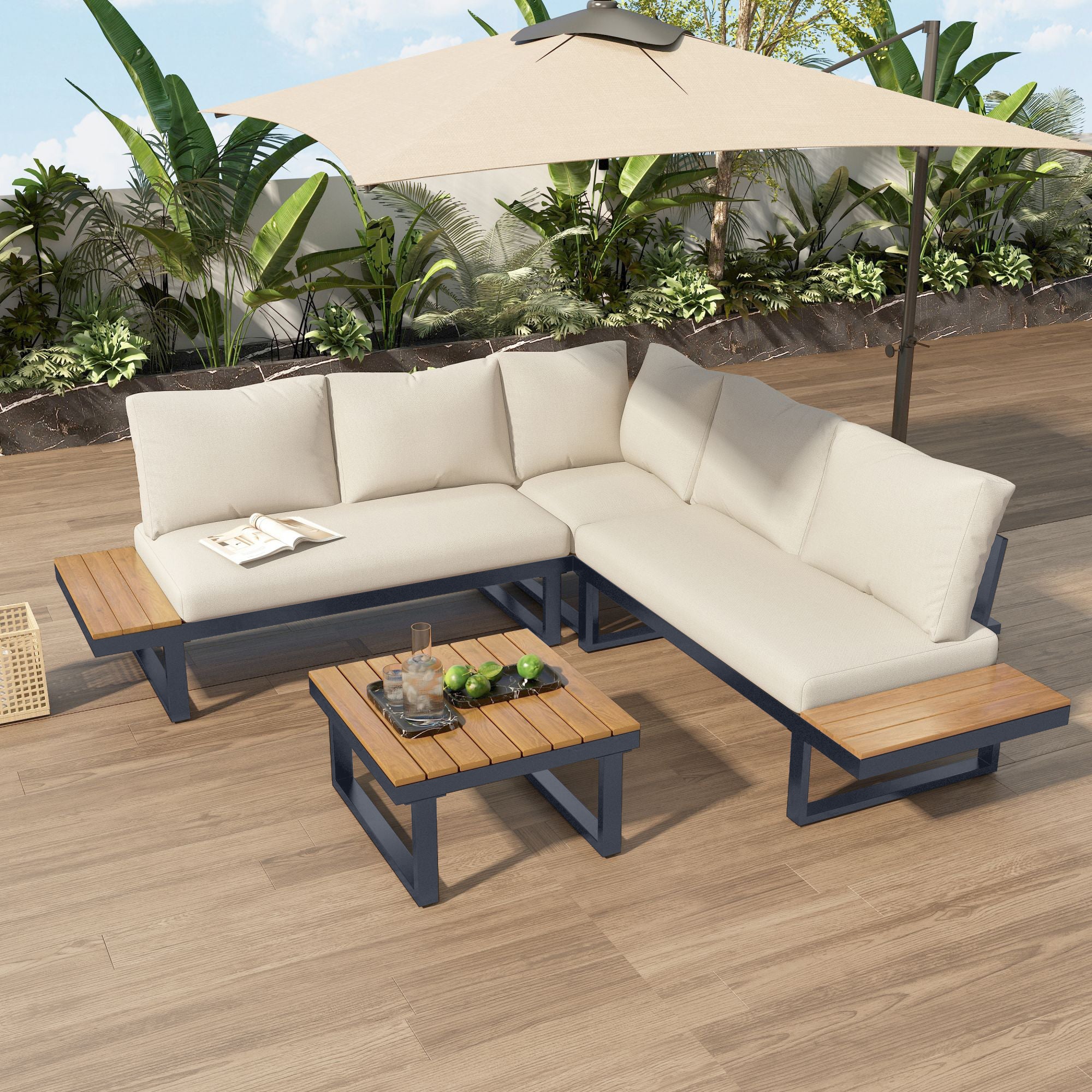 Garten Lounge Set mit verstellbarer Rückenlehne – Outdoor Sofaset mit Tisch und Stahlrahmen