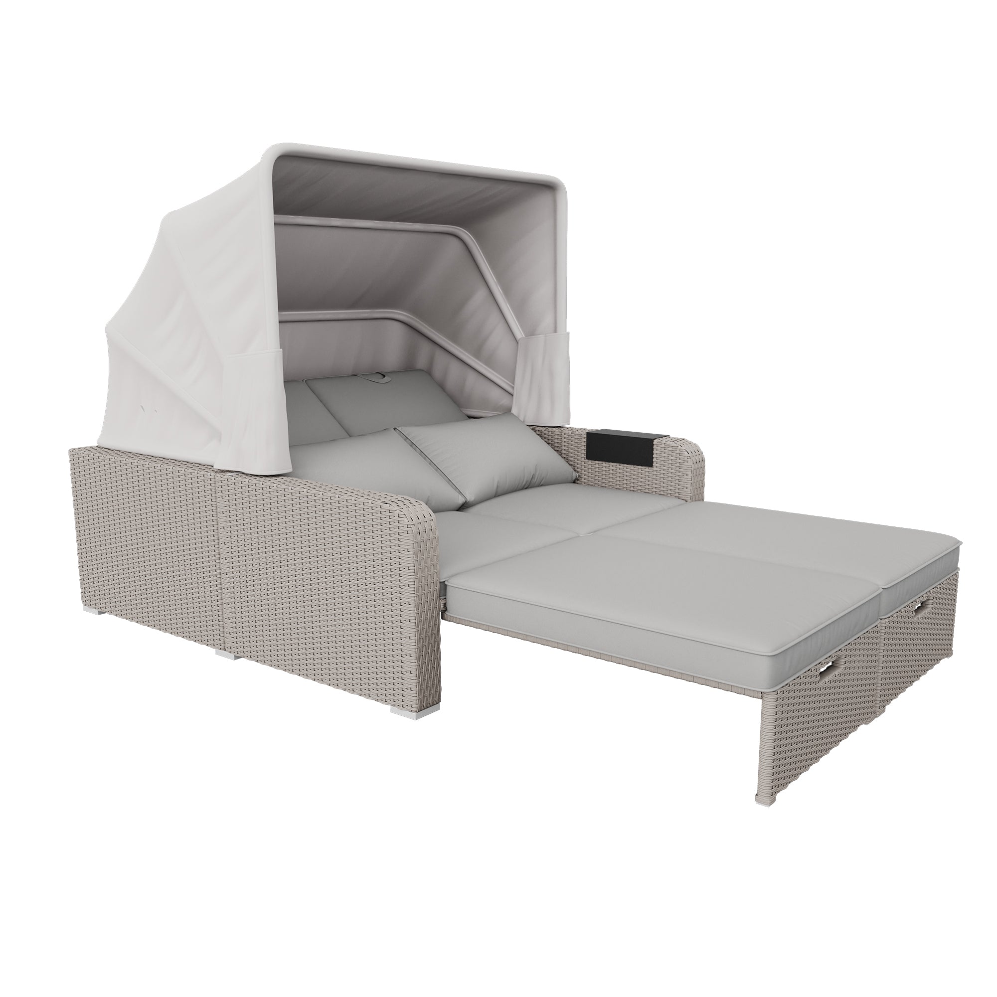 Polyrattan Garten-Loungesofa für 2 Personen – Multifunktionales Outdoor-Sofa mit Markise & ausziehbarer Liege