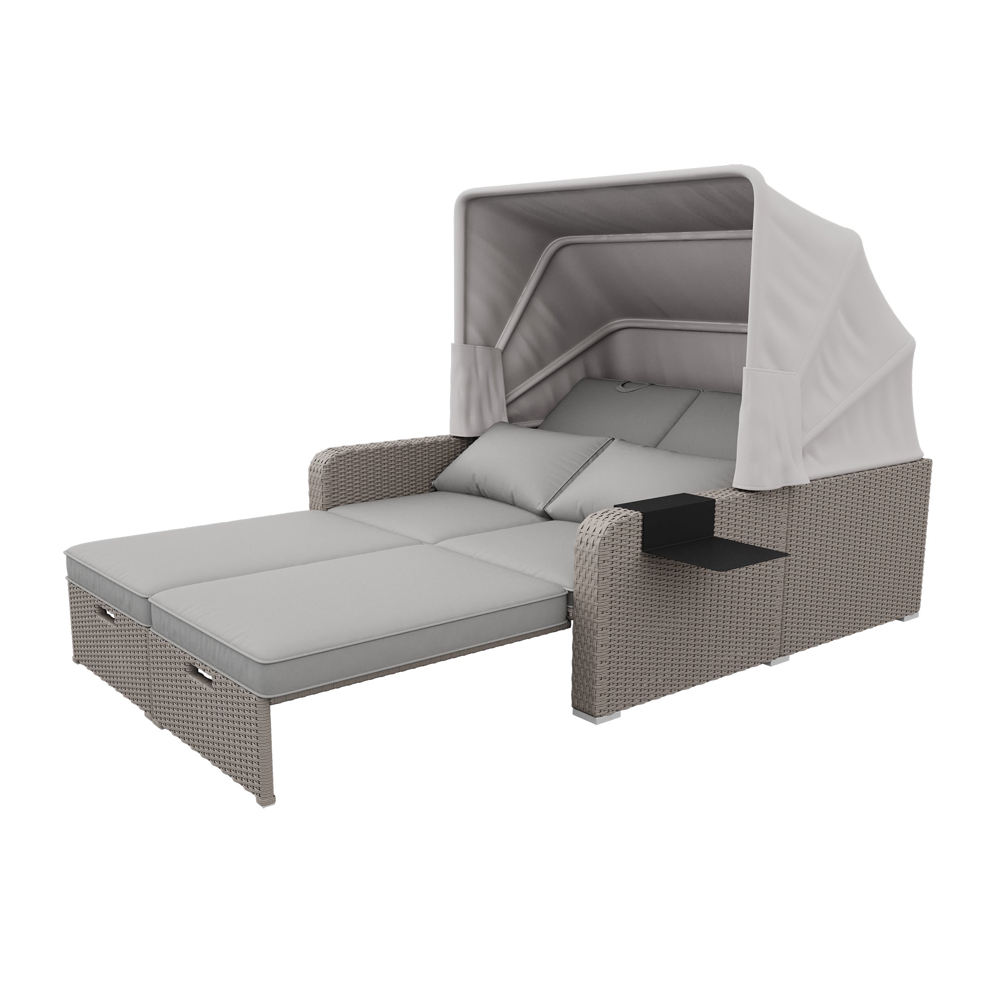 Polyrattan Garten-Loungesofa für 2 Personen – Multifunktionales Outdoor-Sofa mit Markise & ausziehbarer Liege