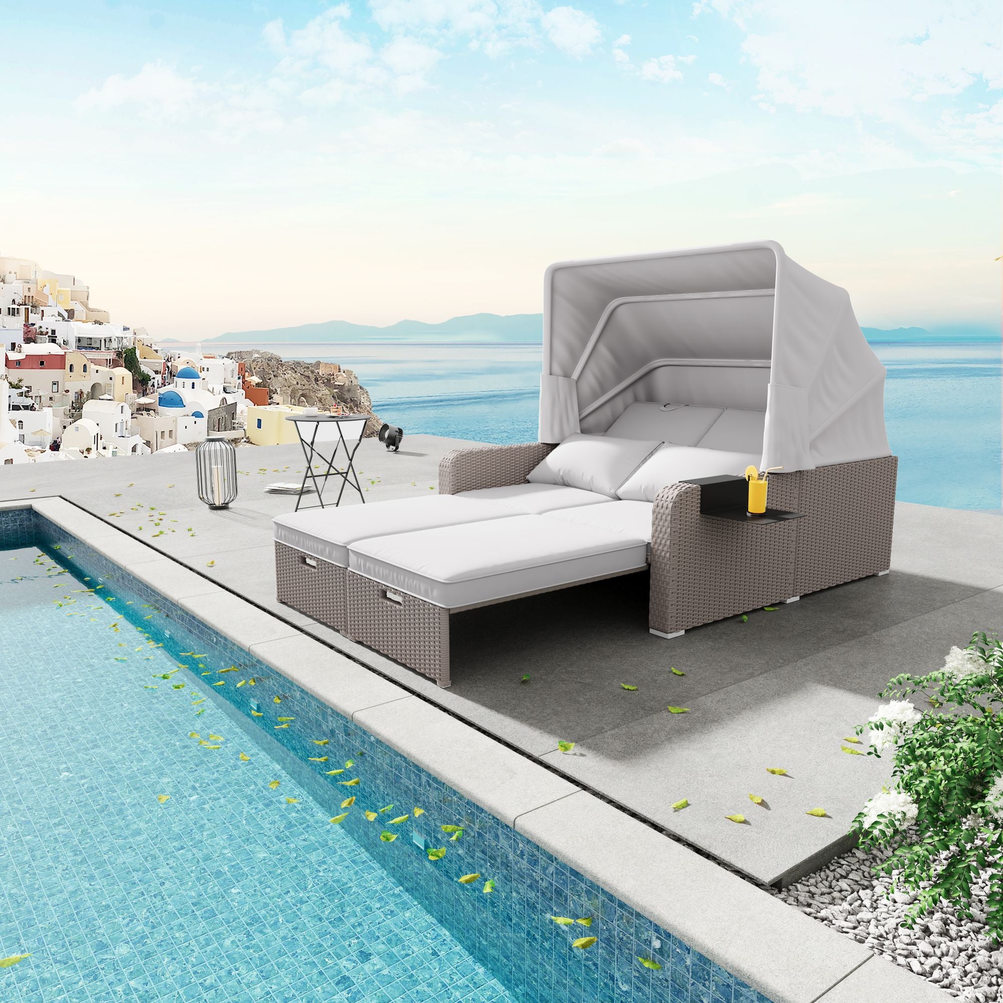 Polyrattan Garten-Loungesofa für 2 Personen – Multifunktionales Outdoor-Sofa mit Markise & ausziehbarer Liege