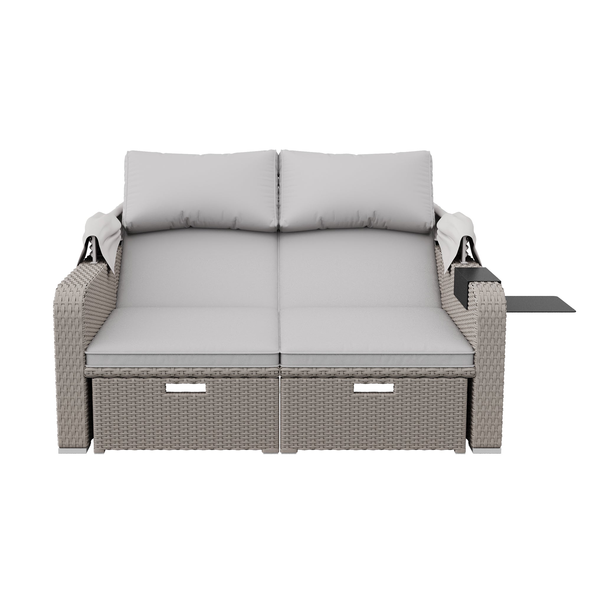 Polyrattan Garten-Loungesofa für 2 Personen – Multifunktionales Outdoor-Sofa mit Markise & ausziehbarer Liege