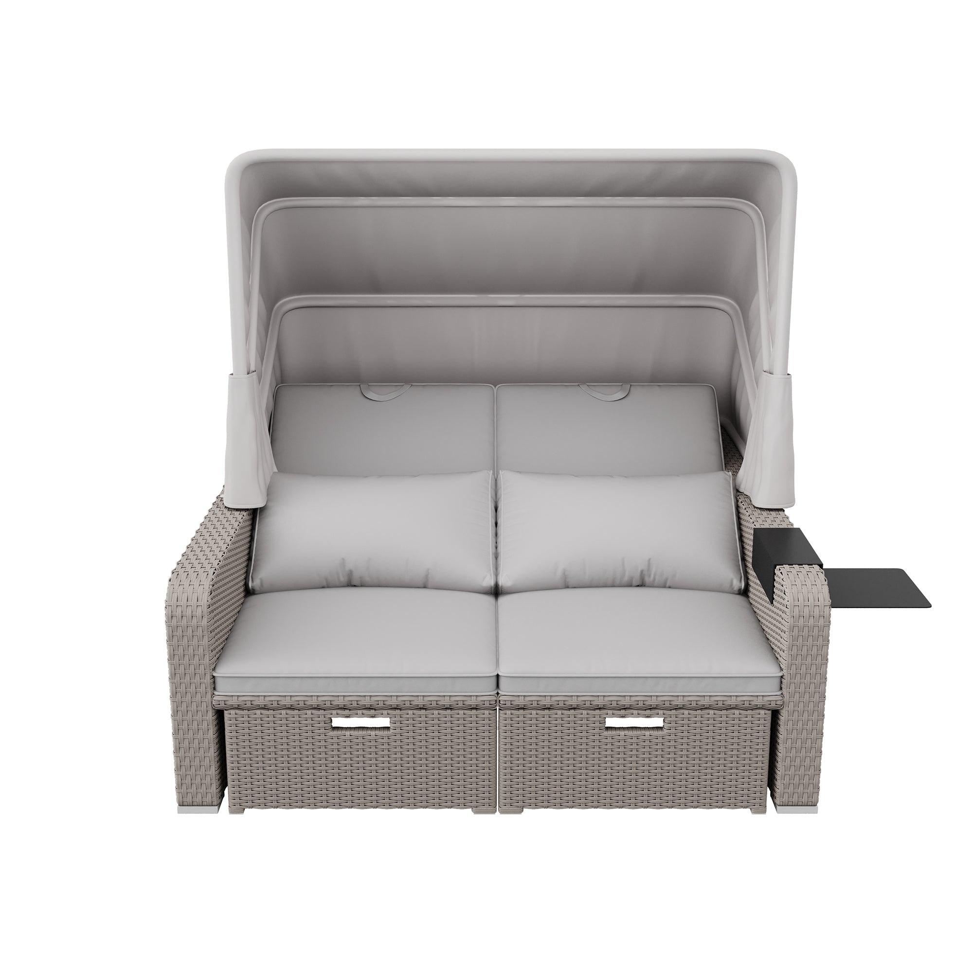 Polyrattan Garten-Loungesofa für 2 Personen – Multifunktionales Outdoor-Sofa mit Markise & ausziehbarer Liege