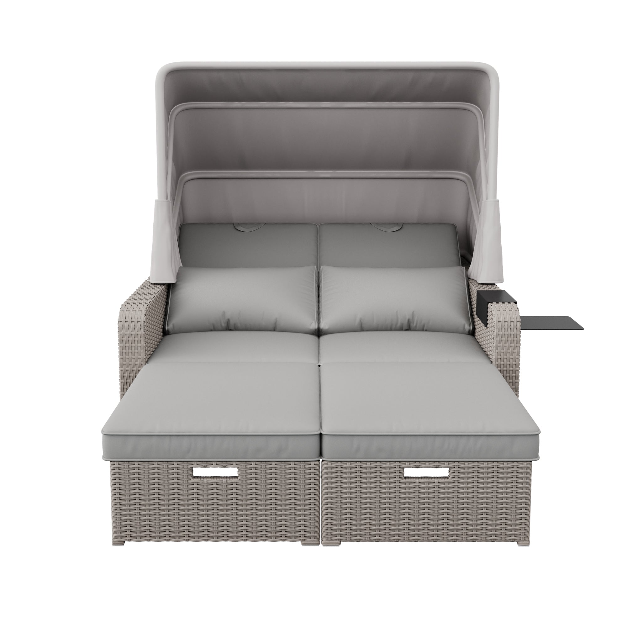 Polyrattan Garten-Loungesofa für 2 Personen – Multifunktionales Outdoor-Sofa mit Markise & ausziehbarer Liege