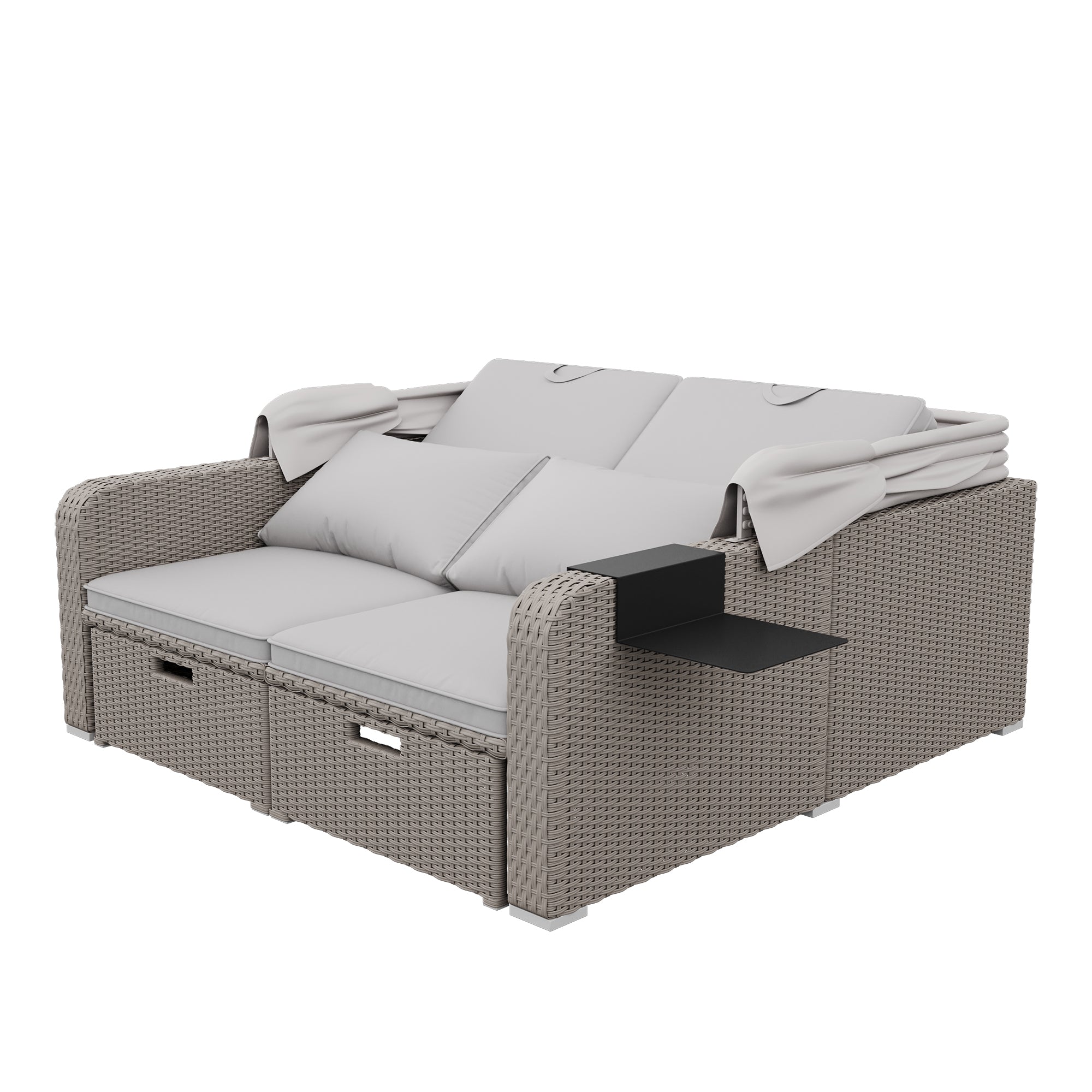 Polyrattan Garten-Loungesofa für 2 Personen – Multifunktionales Outdoor-Sofa mit Markise & ausziehbarer Liege