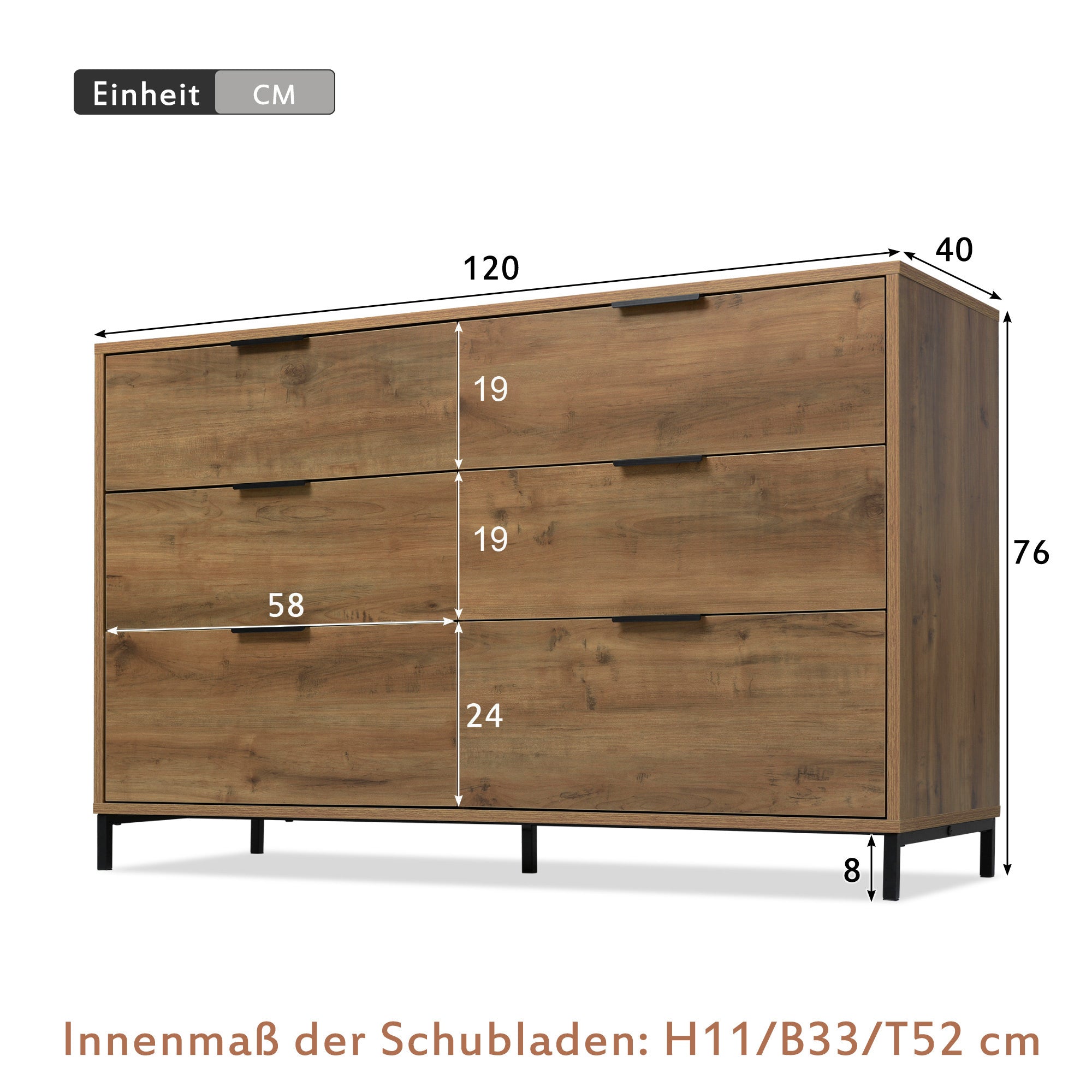 Kommode mit 6 Schubladen – Industrial Design in Dunkler Eiche