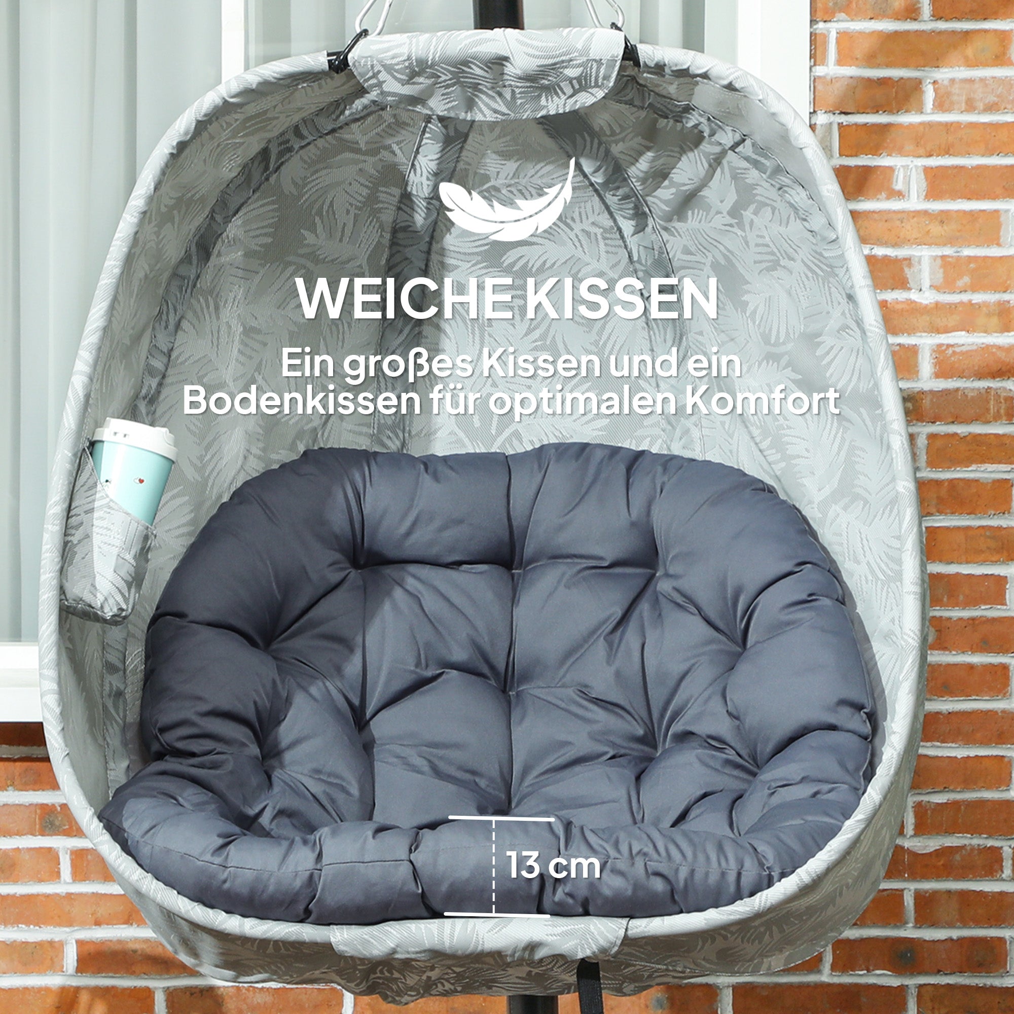 Ei-Hängesessel mit Gestell – Faltbarer Outdoor Schaukelsessel mit dickem Kissen & Getränkehalter
