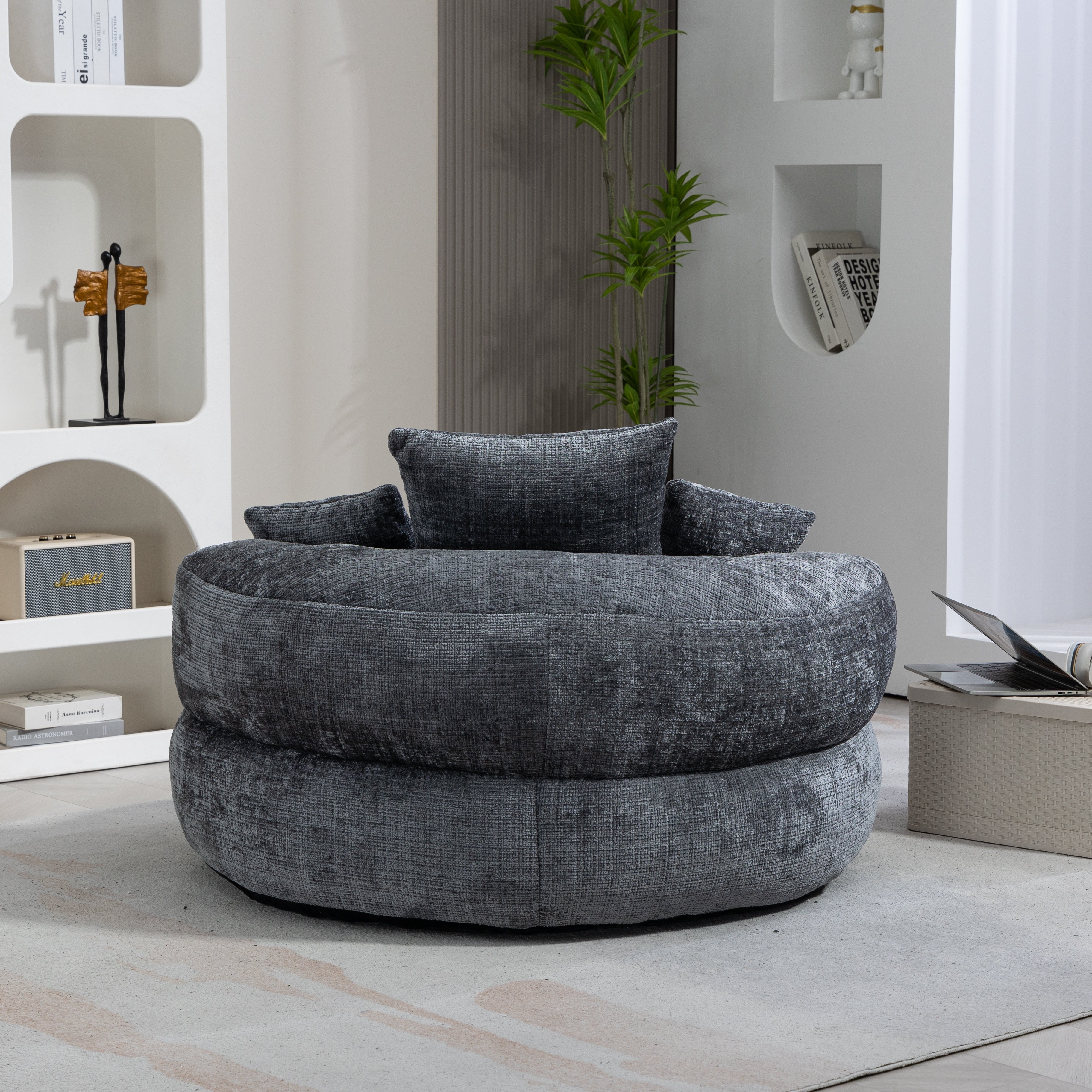 Runder Lazy Sofa Lounger in Grau – Komfortabler Chenille Sitzsack mit Kissen