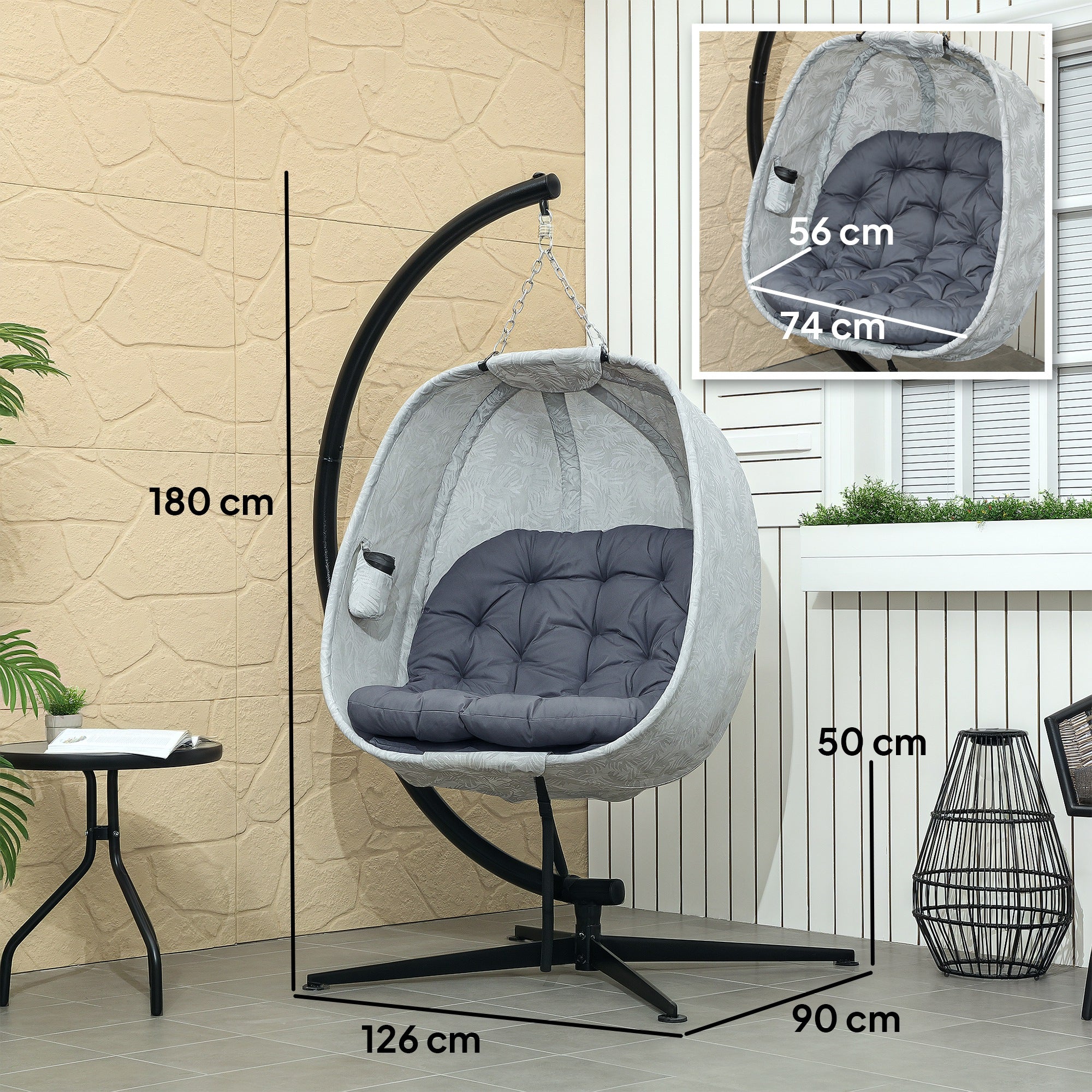 Ei-Hängesessel mit Gestell – Faltbarer Outdoor Schaukelsessel mit dickem Kissen & Getränkehalter