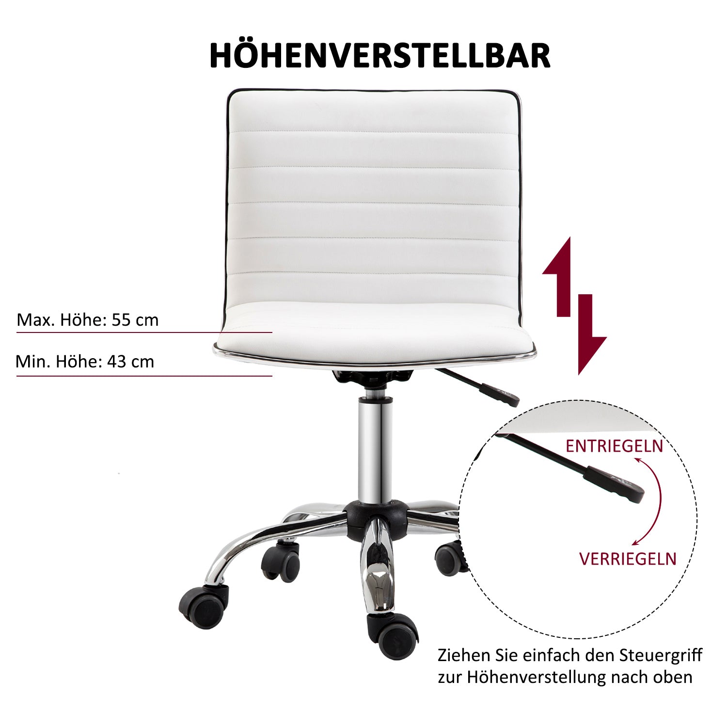 Minimalistischer weißer Bürostuhl ohne Armlehnen