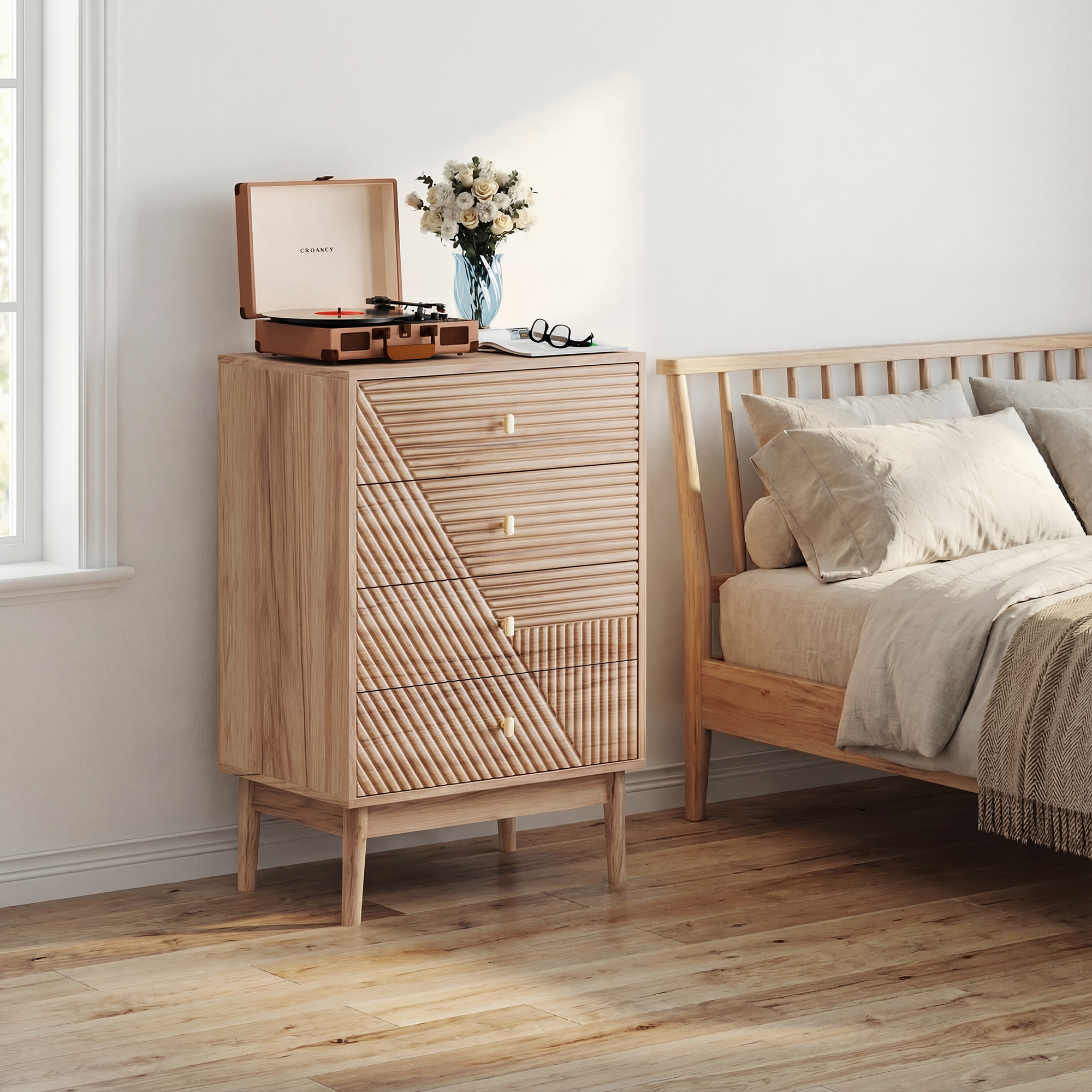 Modern Oak 4-Drawer Storage Cabinet
