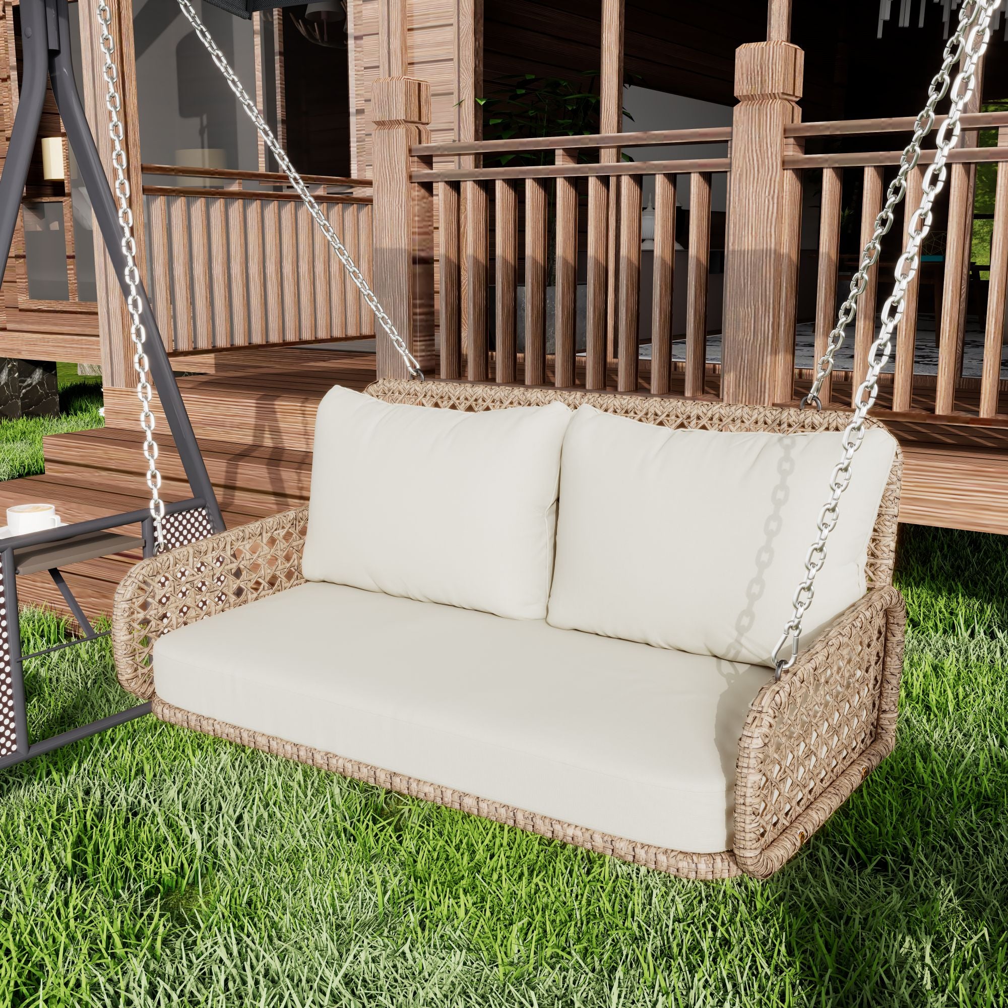 PE-Rattan Hängeschaukel für 2 Personen – Gartenschaukel mit Kissen und stabiler Kettenaufhängung
