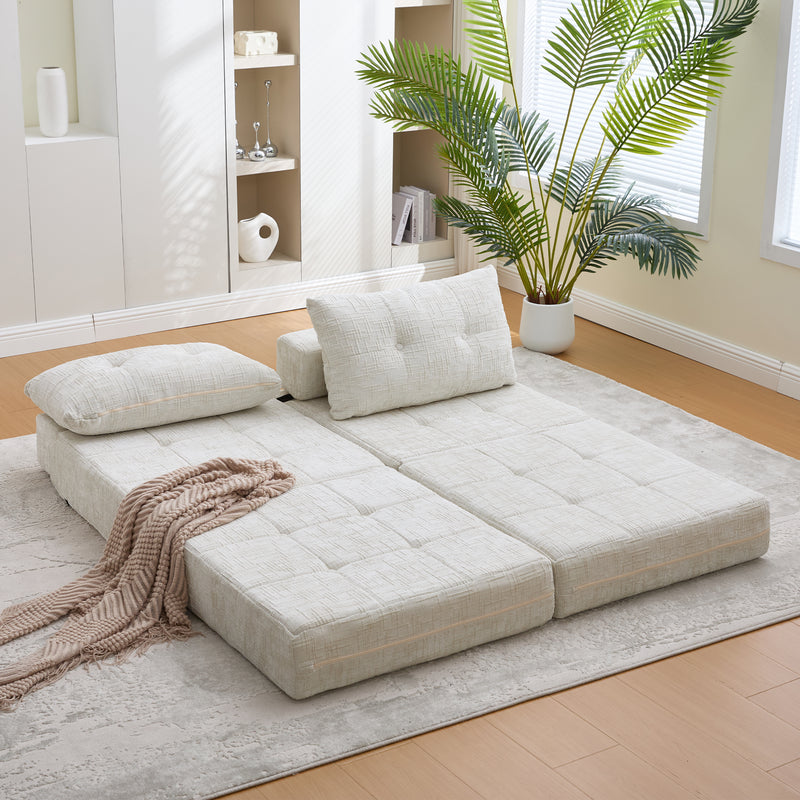Klappbares Schlafsofa in Beige – Multifunktionales Bodensofa mit Kissen