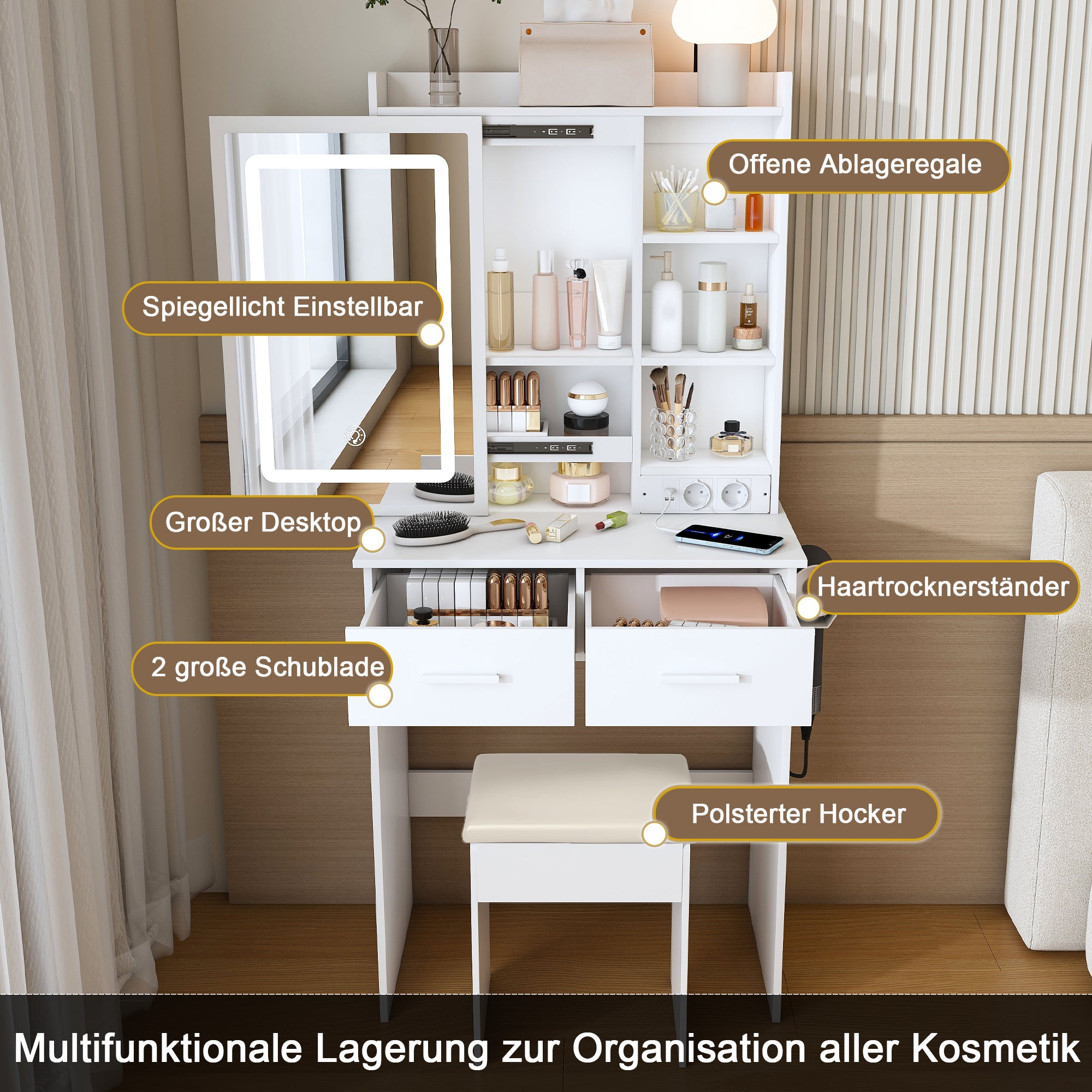 Moderner Schminktisch mit LED-Spiegel und Stauraum