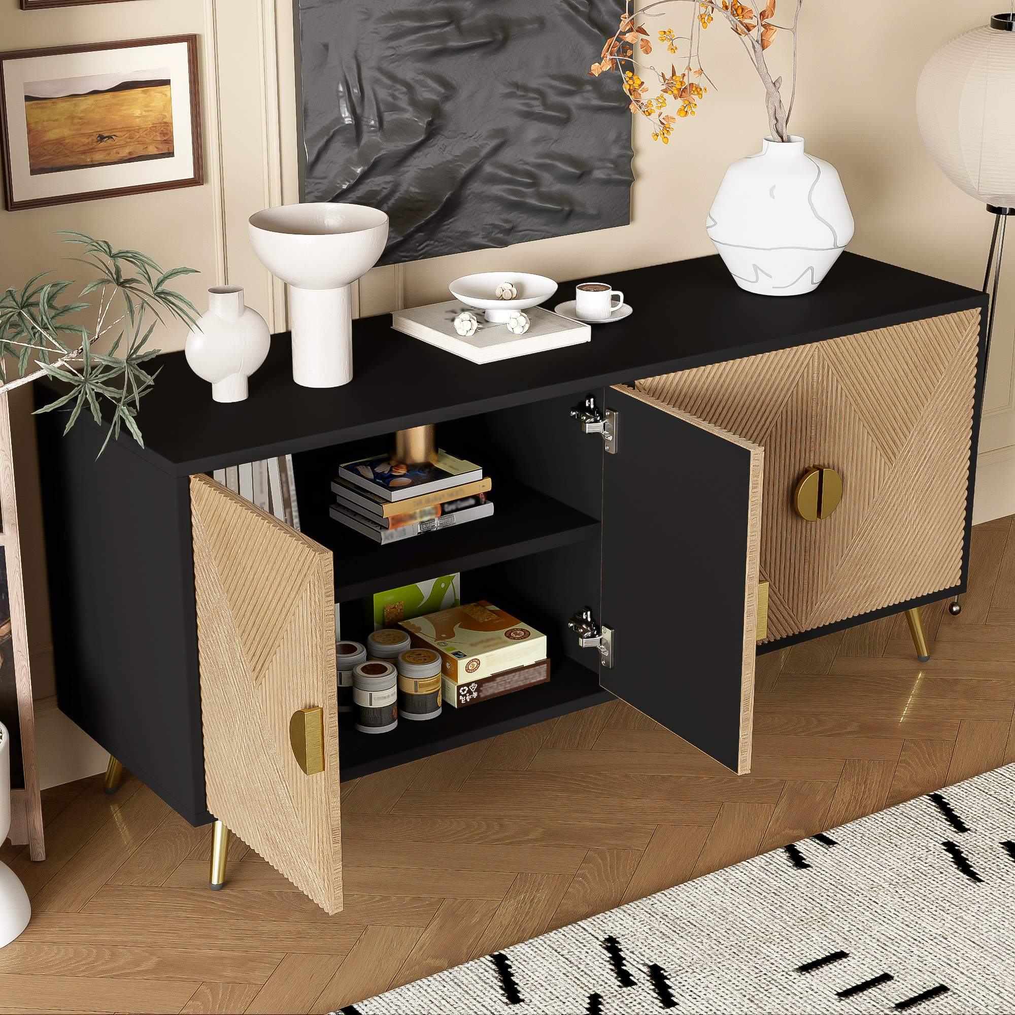 Modernes Sideboard mit Strukturfront und goldenen Akzenten
