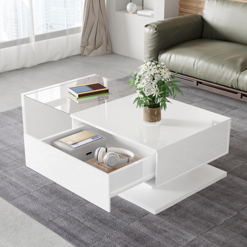 Moderner Couchtisch Hochglanz Weiß mit Glas & LED