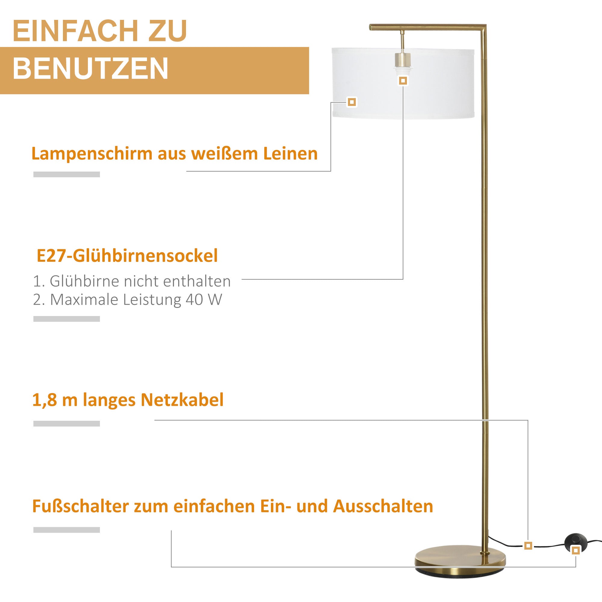 Moderne Stehlampe mit Stoffschirm und stabilem Metallgestell für Wohnräume