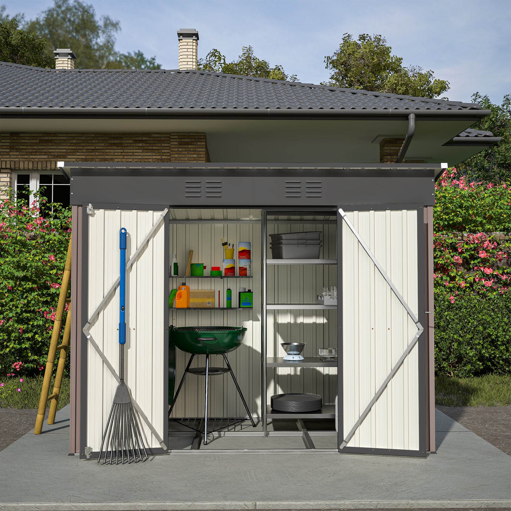 Metall Gerätehaus 8x4 FT – Wetterfester Gartenschuppen mit Fundament & Belüftungssystem