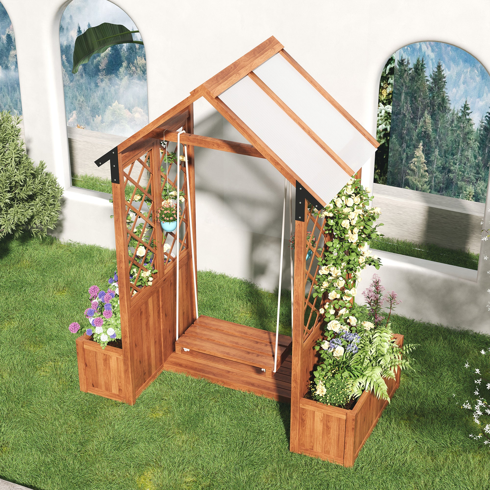 Pflanzkübel mit Schaukel und Rankgitter – Garten-Pflanzgefäß mit Sonnendach und Holzrahmen
