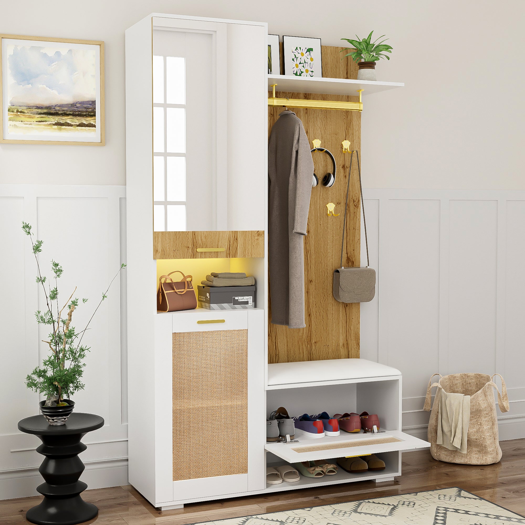 Modernes Garderoben-Set mit Spiegel, LED-Beleuchtung & Sitzbank