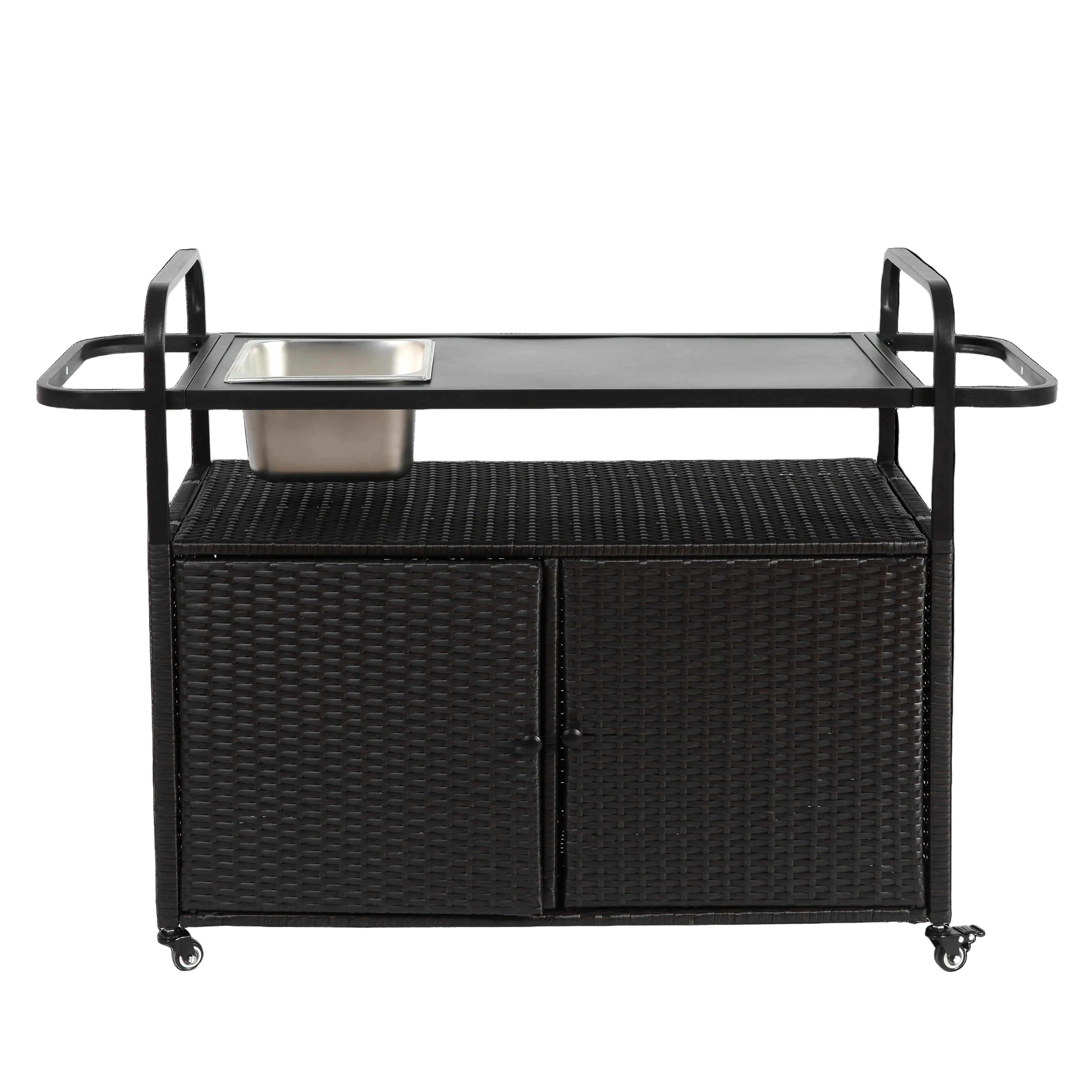 Outdoor Barwagen mit Stauraum – Servierwagen mit Spüle, Rollen und Rattan-Design