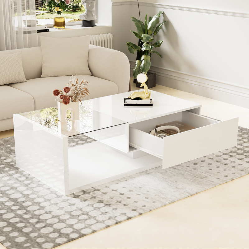 Moderner Couchtisch Hochglanz Weiß mit Glas & LED