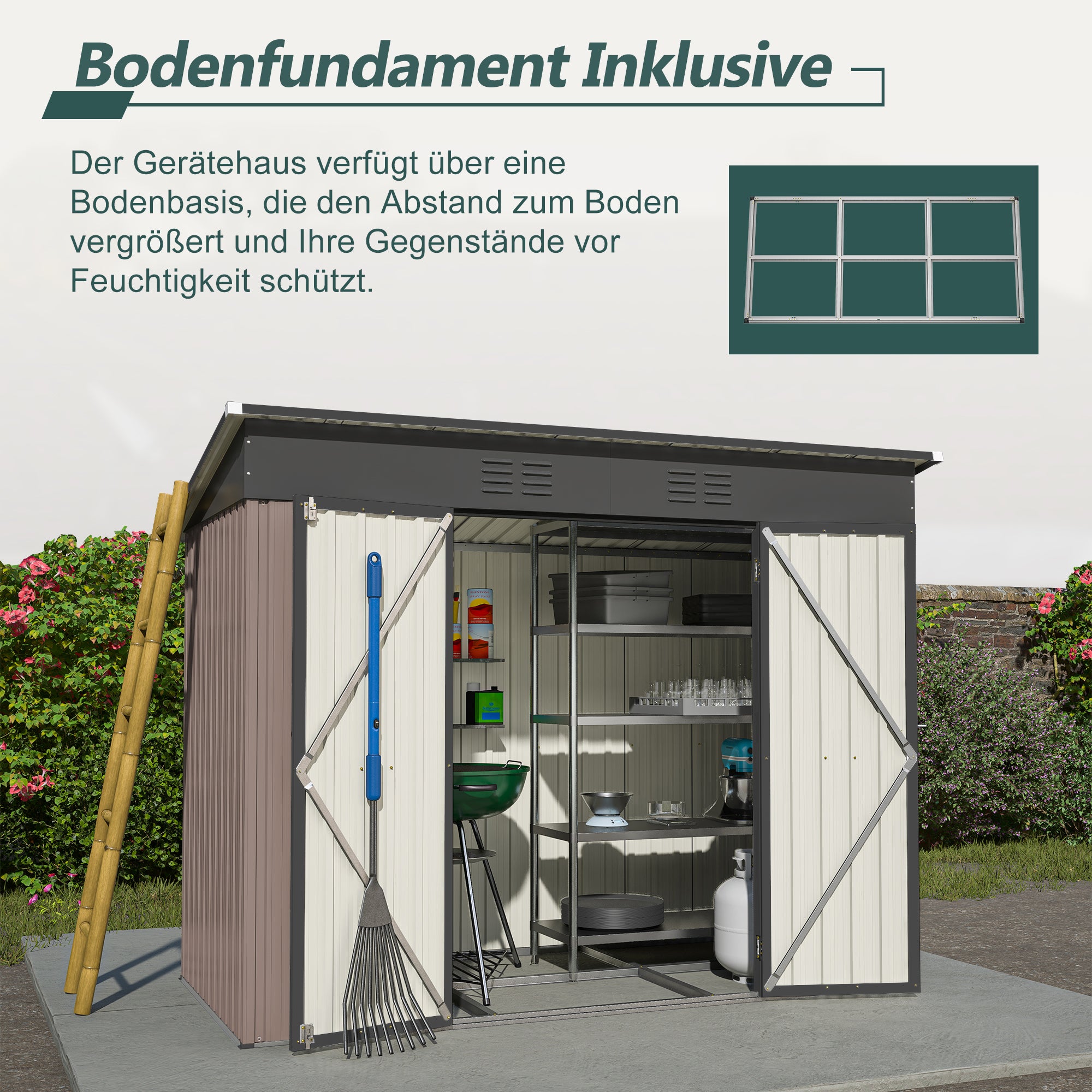 Metall Gerätehaus 8x4 FT – Wetterfester Gartenschuppen mit Fundament & Belüftungssystem