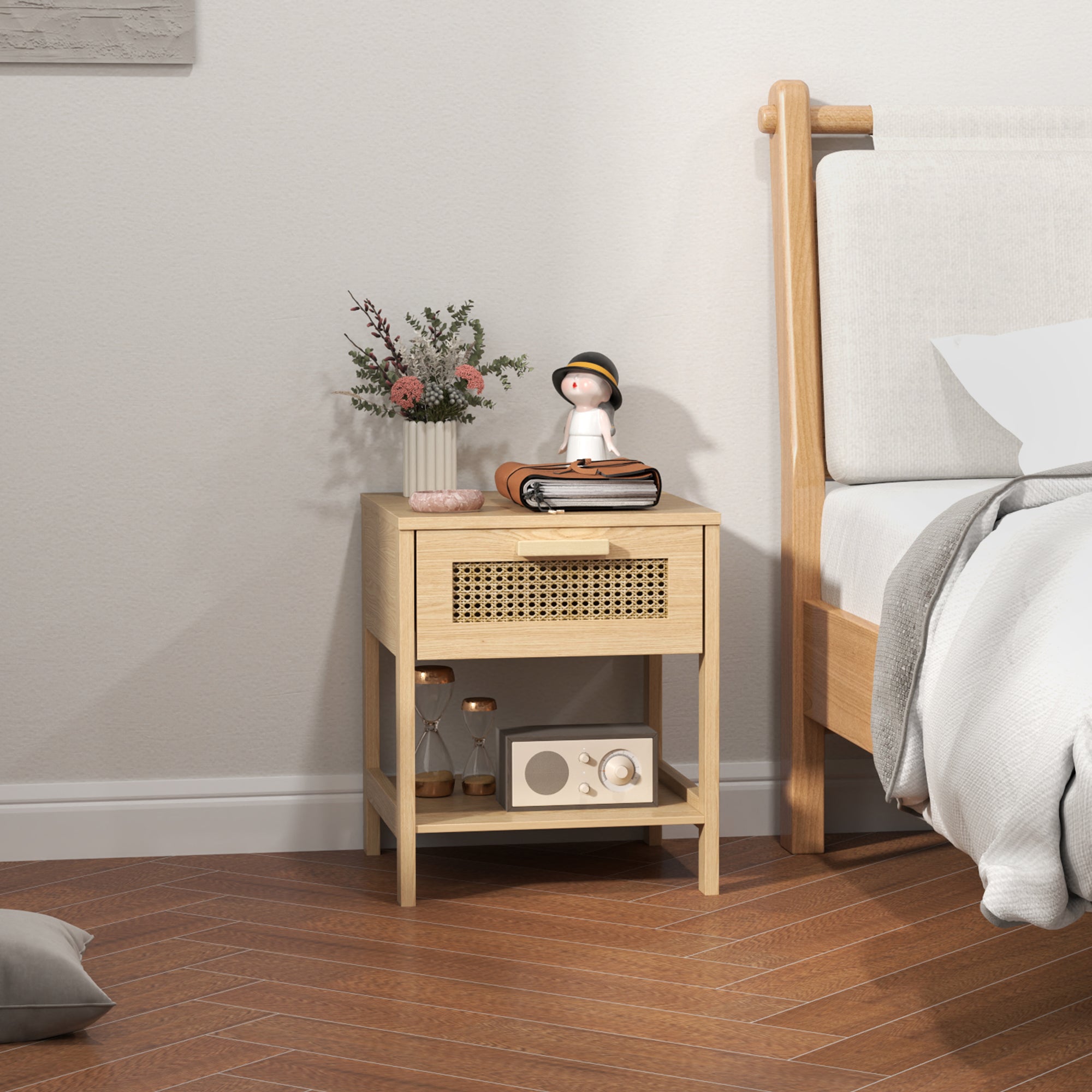Nachttisch mit Rattan-Schublade und Ablage