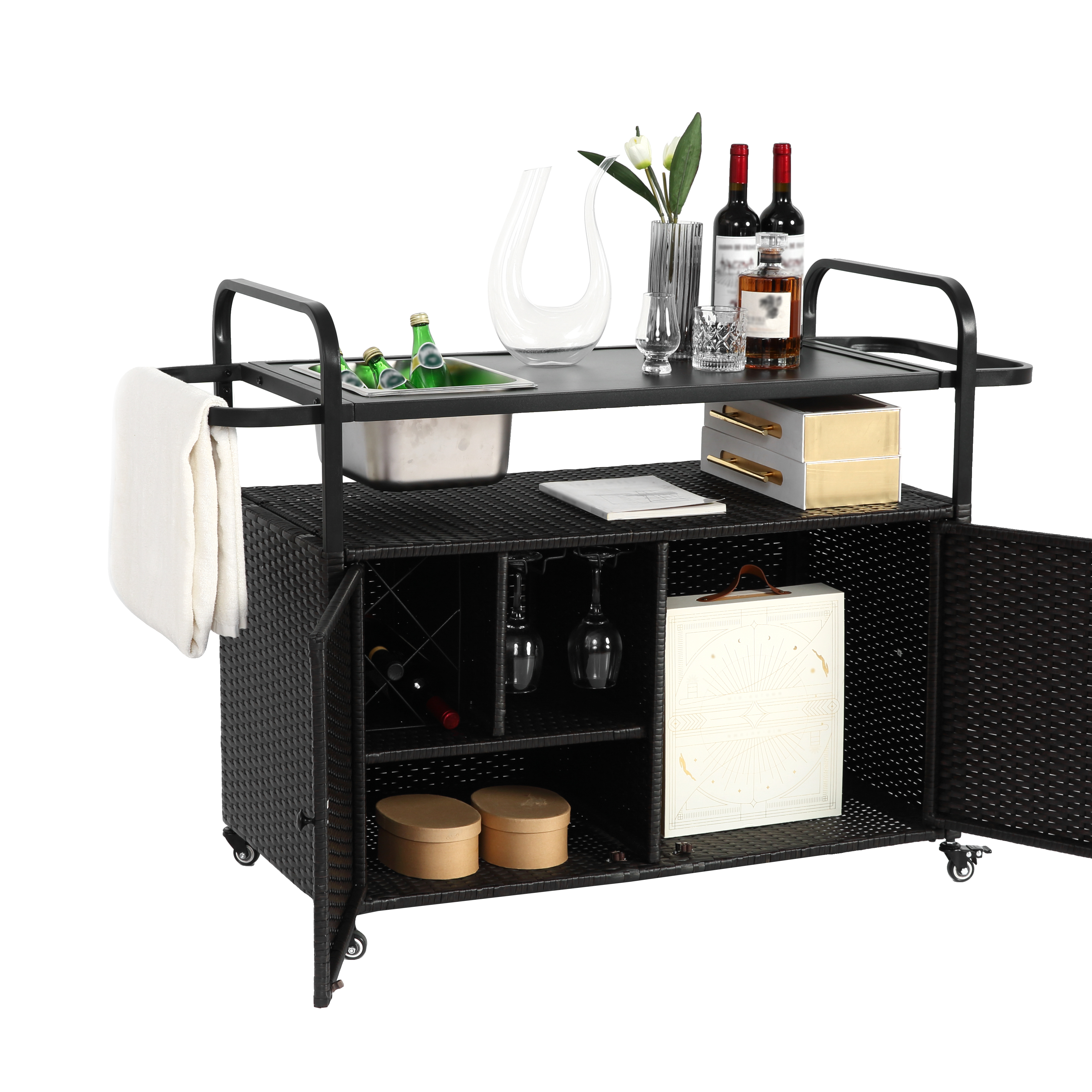 Outdoor Barwagen mit Stauraum – Servierwagen mit Spüle, Rollen und Rattan-Design